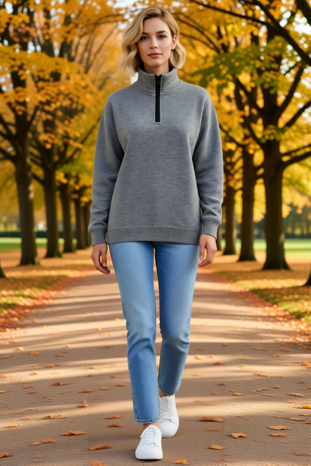 Kadın Dik Yaka Yarım Fermuarlı Üç İplik Sweatshirt Melanj Doku Rahat Kalıp Günlük Konforlu Modern