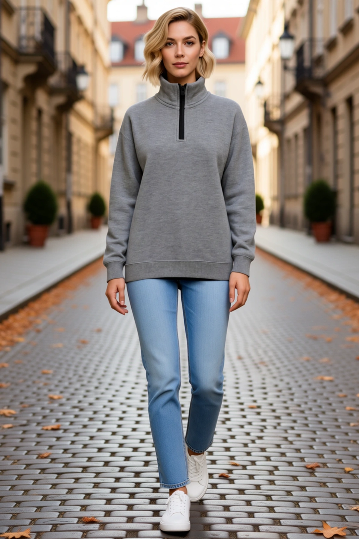 Kadın Dik Yaka Yarım Fermuarlı Üç İplik Sweatshirt Melanj Doku Rahat Kalıp Günlük Konforlu Modern