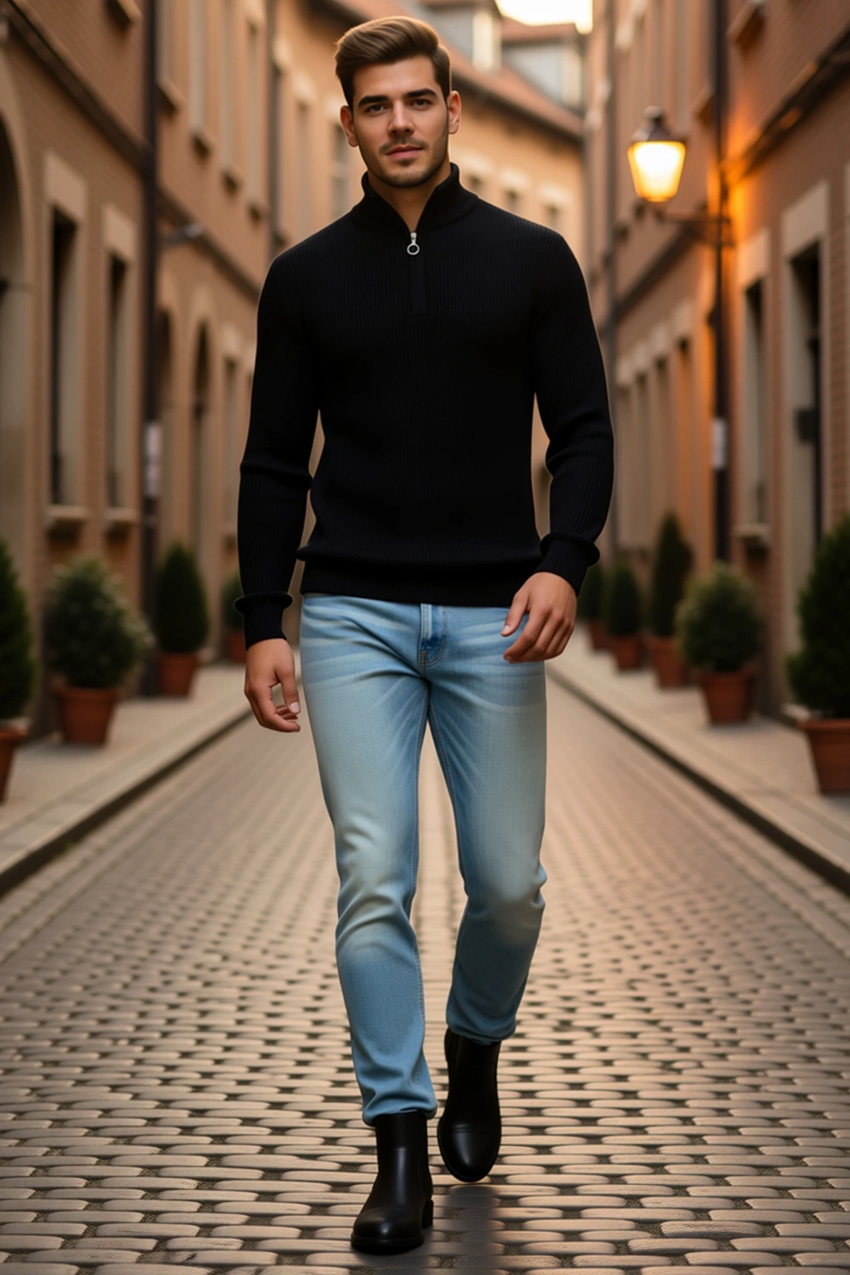 Erkek Yarım Fermuarlı Triko Kazak Selanik Örgü Dik Yaka Regular Fit Uzun Kollu Kışlık Model Rahat
