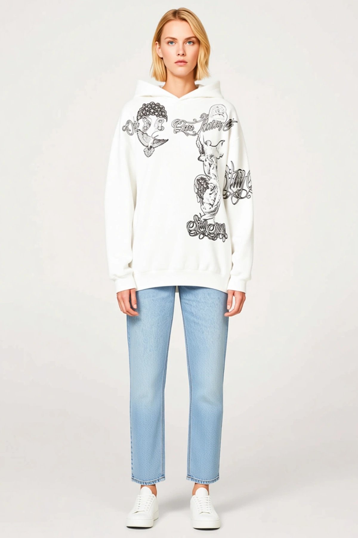 Kadın Kapüşonlu Üç İplik Sweatshirt Heykel Baskılı Rahat Kalıp Kanguru Cepli Modern Tasarım Salaş