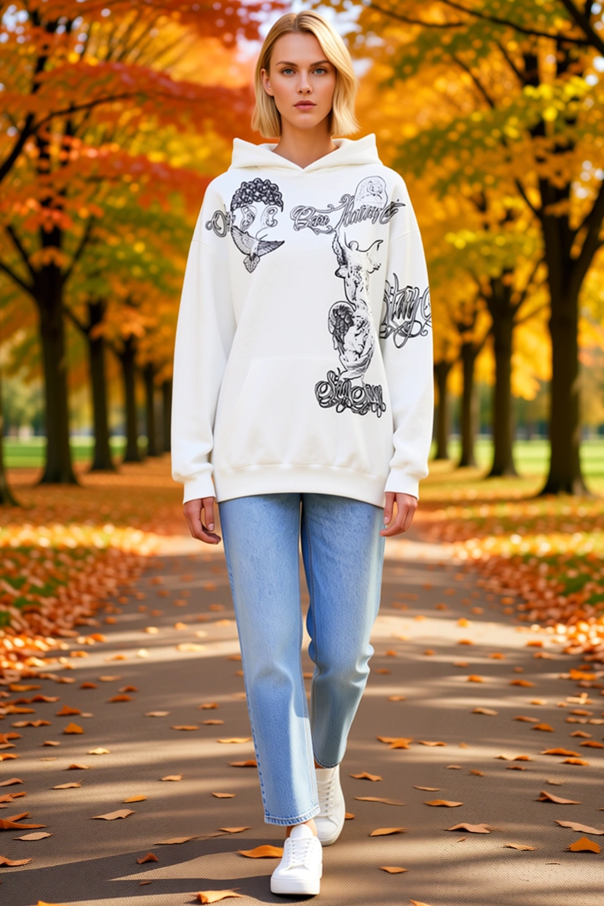 Kadın Kapüşonlu Üç İplik Sweatshirt Heykel Baskılı Rahat Kalıp Kanguru Cepli Modern Tasarım Salaş