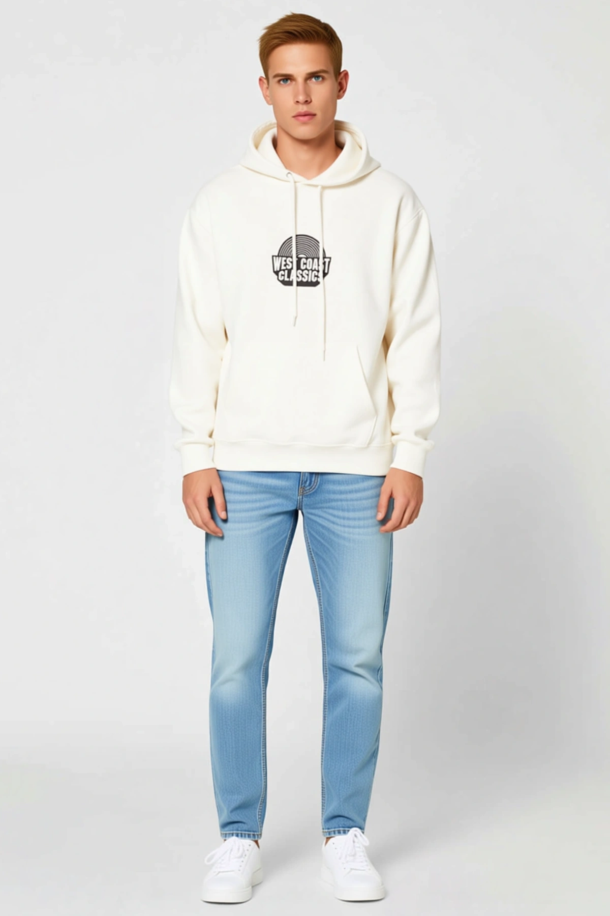 Erkek Oversize Üç İplik Kapüşonlu Sweatshirt Ön Baskılı Kanguru Cepli Rahat Kalıp İçi Pamuklu Model