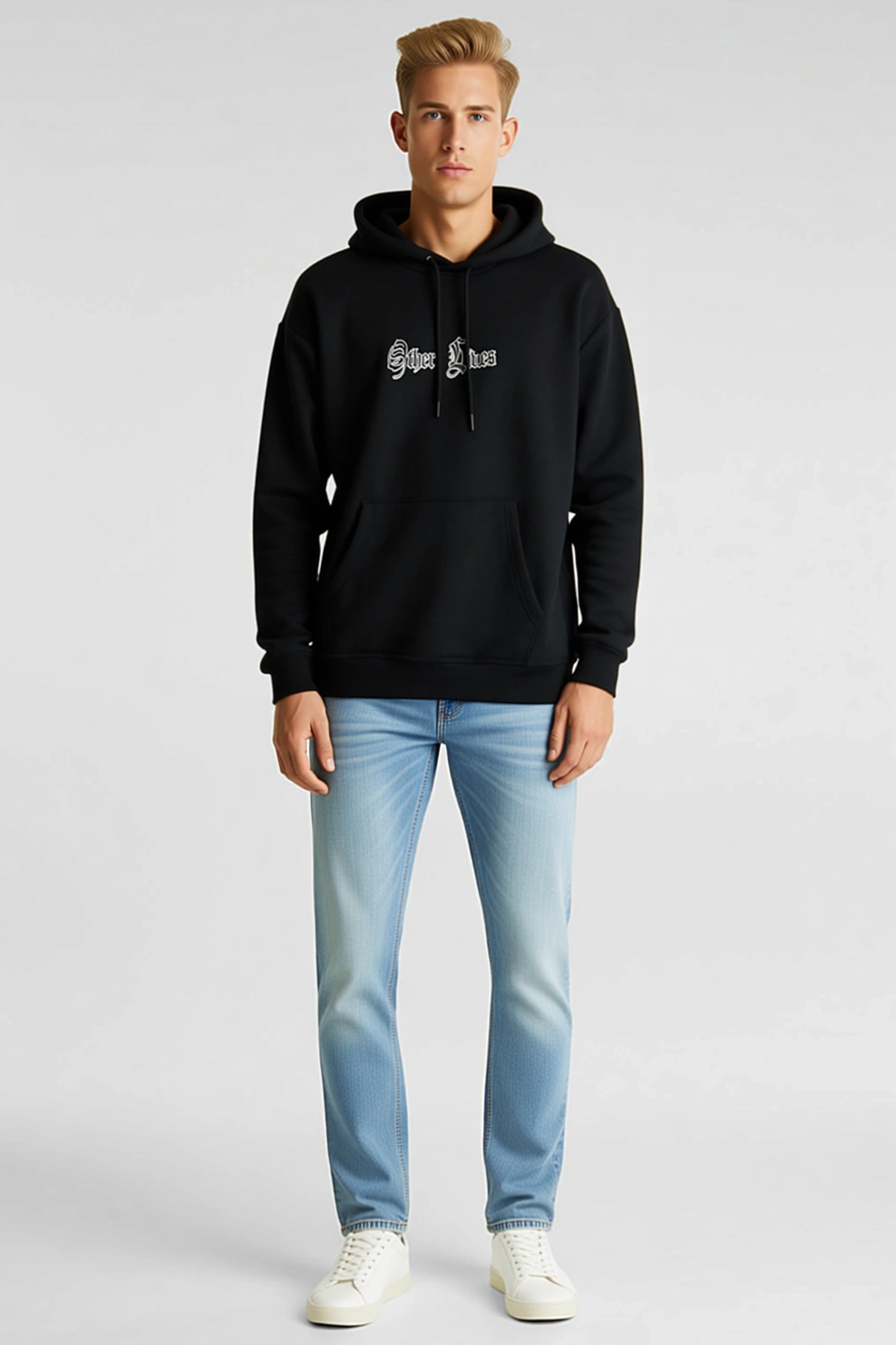 Erkek Kapüşonlu Hoodie Sweatshirt Oversize Üç İplik Şardonlu Ön ve Arka Baskılı Kanguru Cepli Kışlık