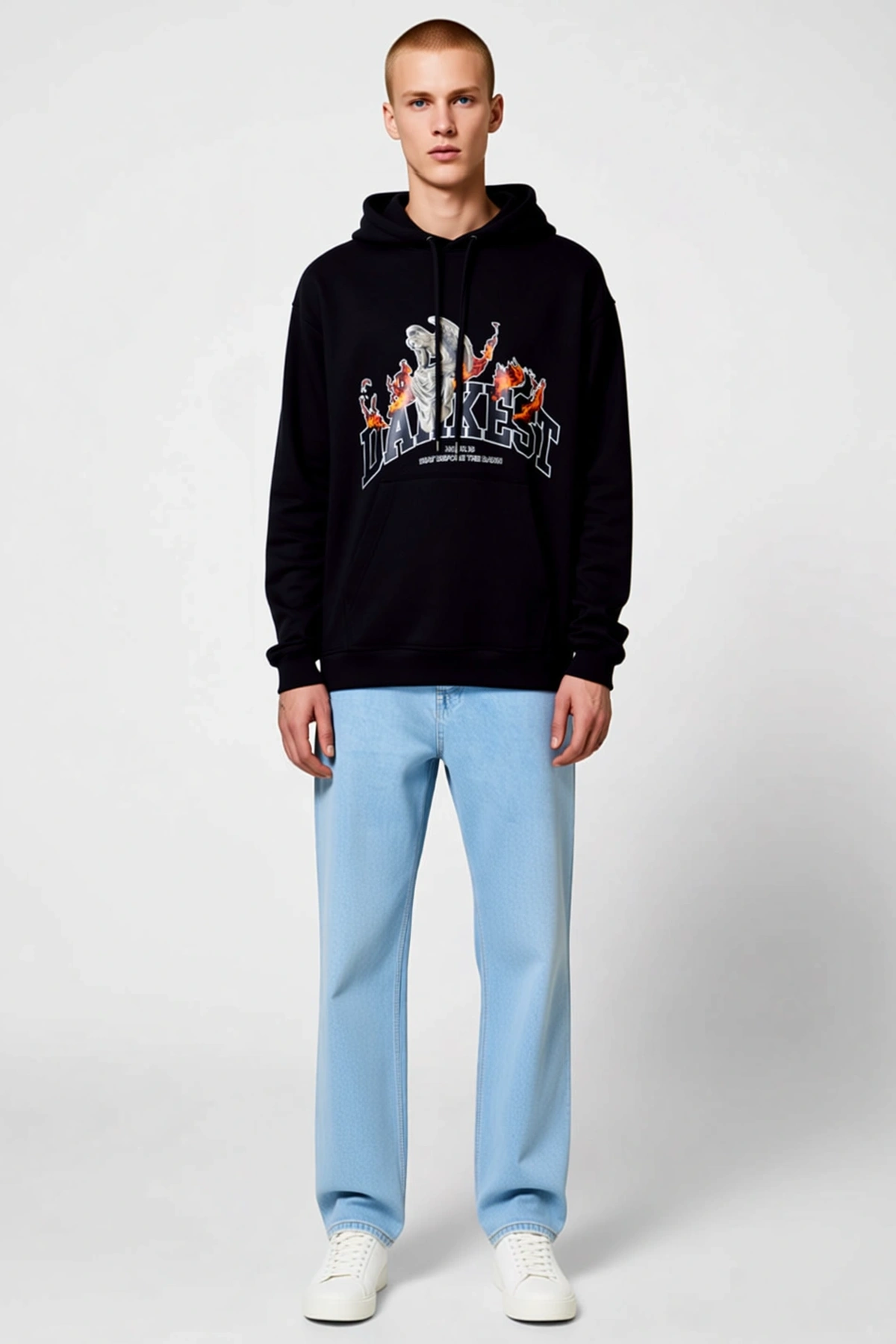 Erkek Oversize Kapüşonlu Üç İplik İçi Pamuklu Kanguru Cepli Melek Baskılı Sweatshirt Rahat Kalıp