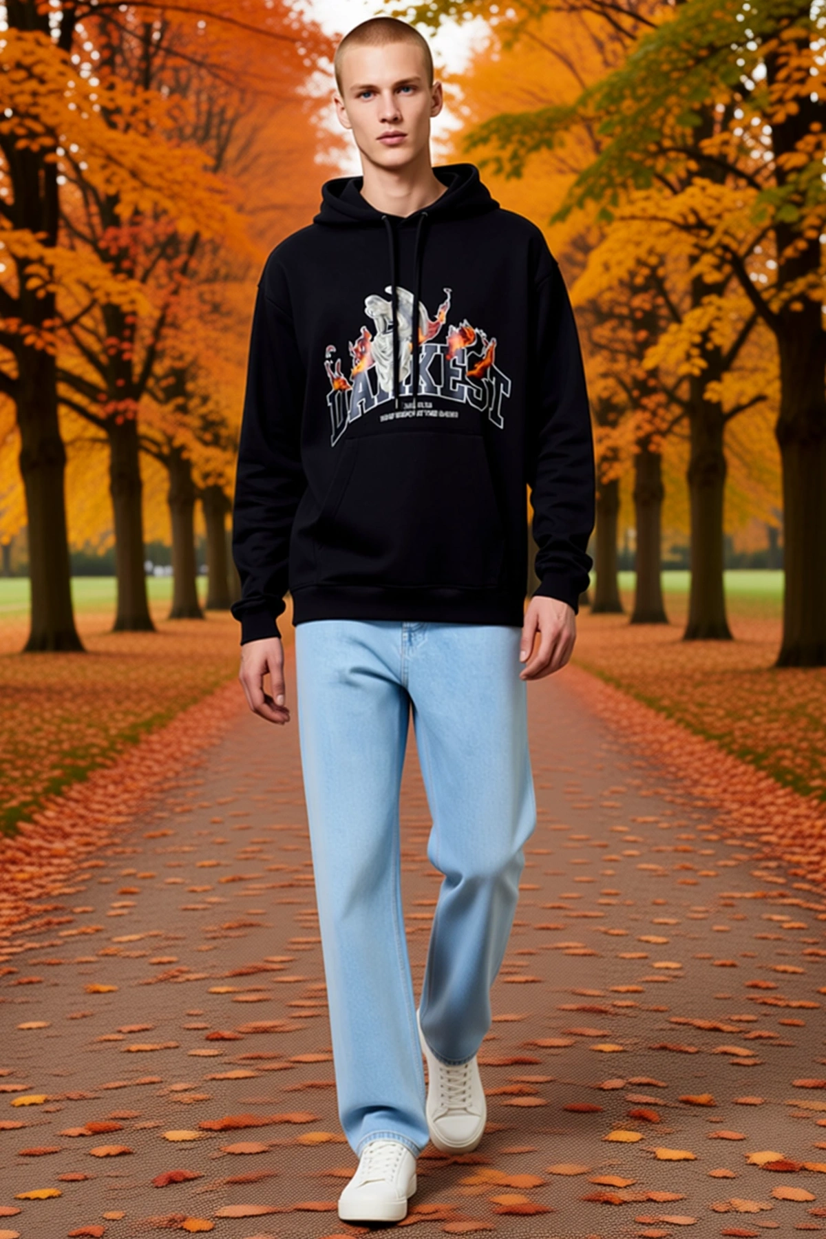 Erkek Oversize Kapüşonlu Üç İplik İçi Pamuklu Kanguru Cepli Melek Baskılı Sweatshirt Rahat Kalıp