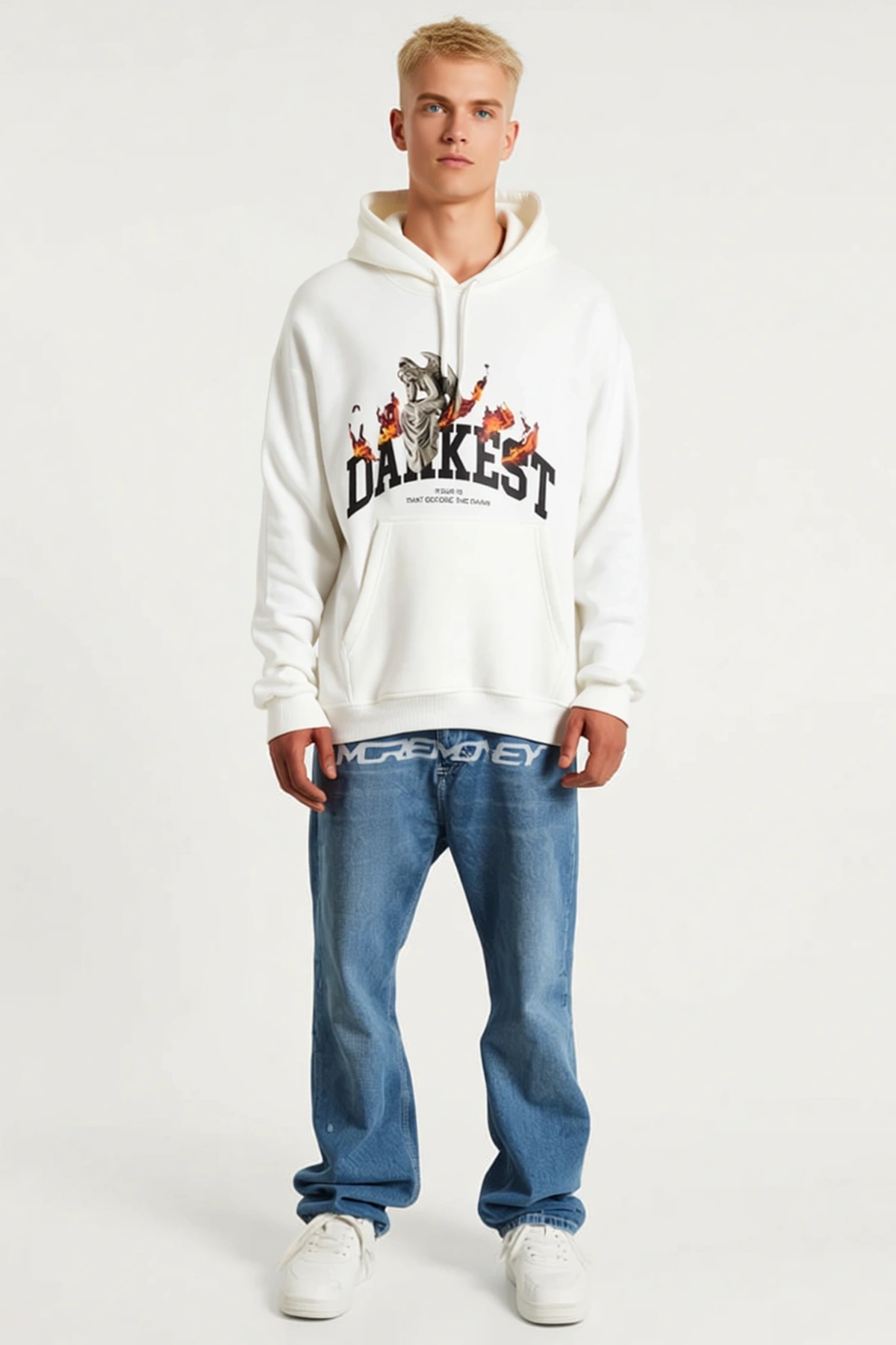 Erkek Oversize Kapüşonlu Hoodie Alev Motifli Baskılı Üç İplik Pamuklu Kanguru Cepli Günlük Kışlık