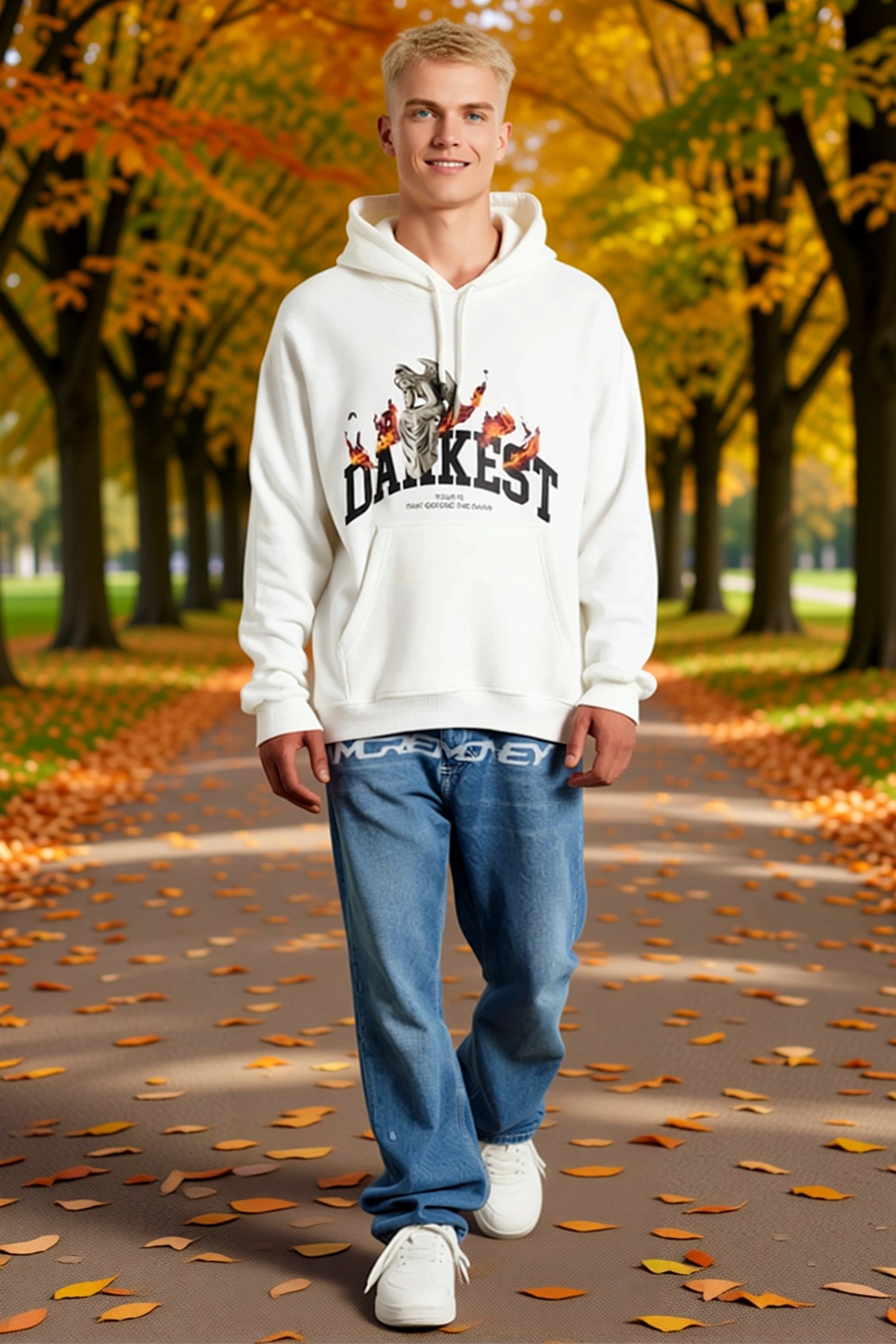 Erkek Oversize Kapüşonlu Hoodie Alev Motifli Baskılı Üç İplik Pamuklu Kanguru Cepli Günlük Kışlık
