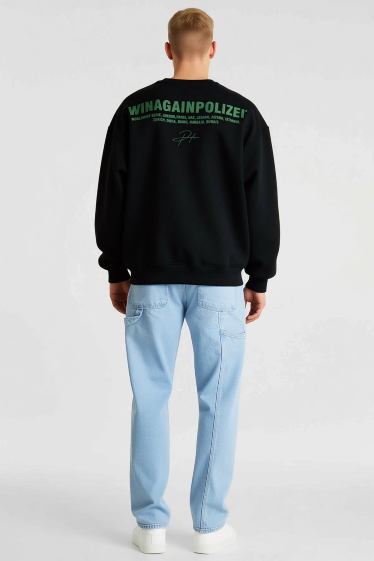 Erkek Oversize Sweatshirt Ön ve Sırt Baskılı Üç İplik İçi Pamuklu Kumaş Rahat Kalıp Ribanalı Kışlık