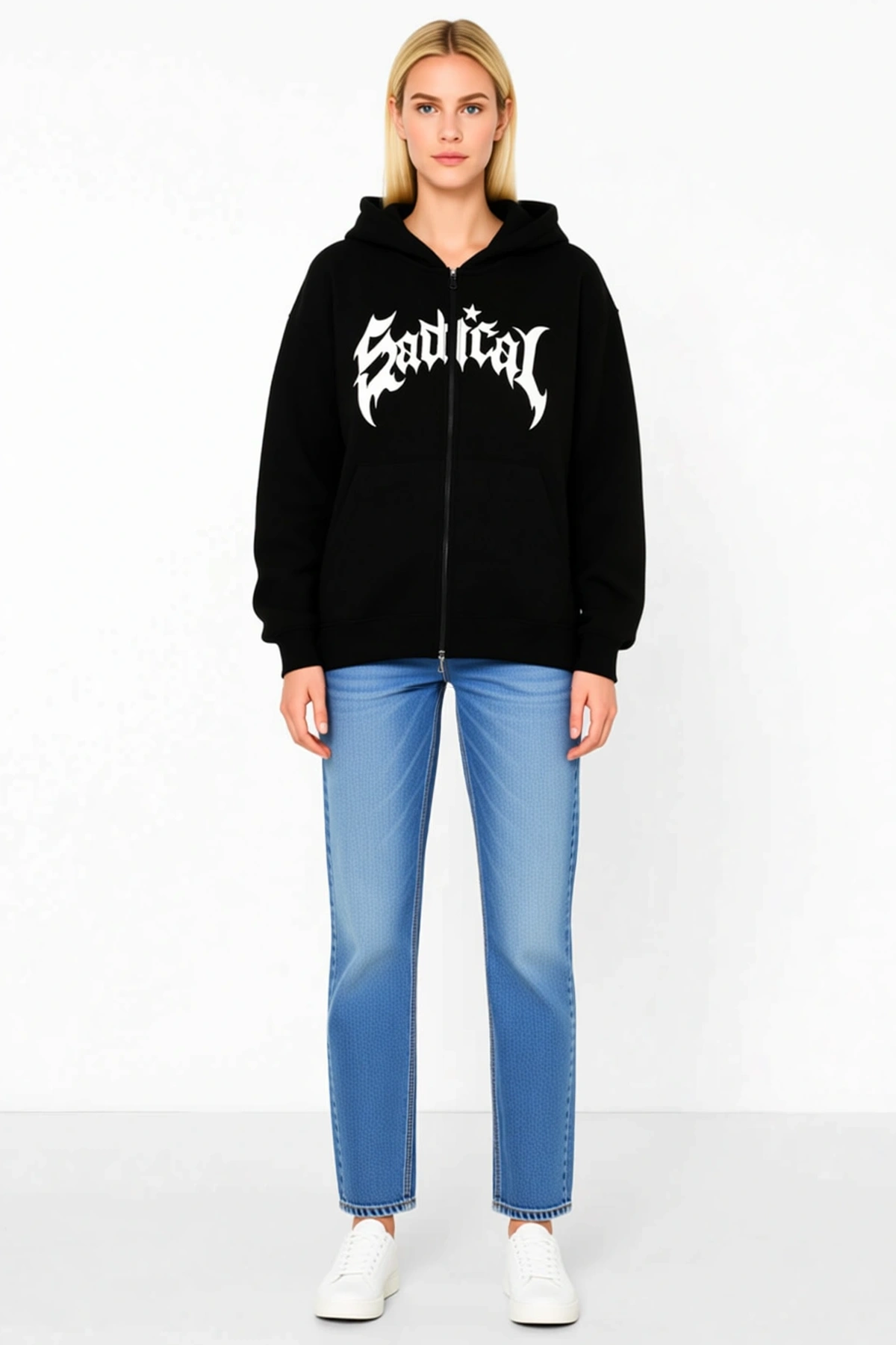 Kadın Oversize Kapüşonlu Fermuarlı Sweatshirt Hoodie Şardonlu Pamuklu Önü Baskılı Rahat Kalıp Kışlık
