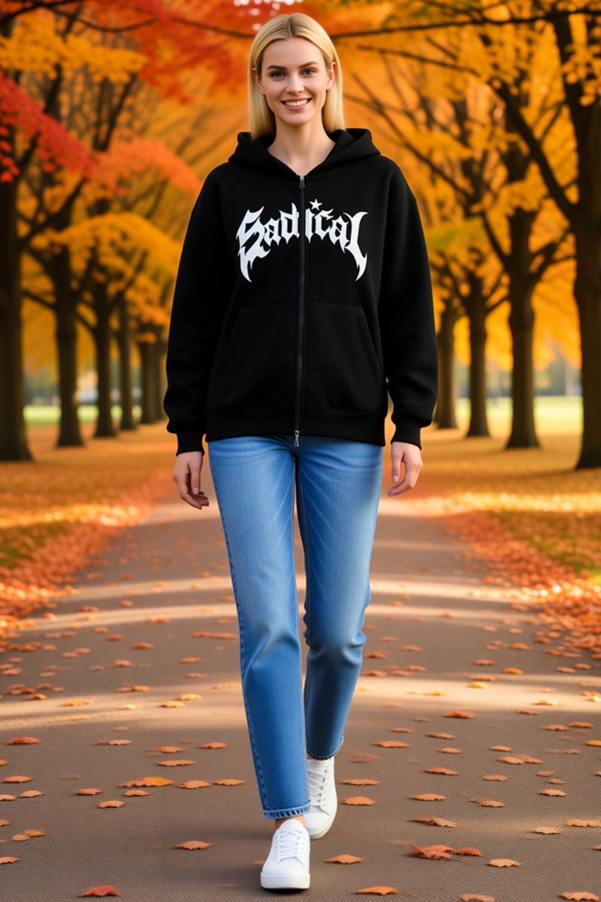 Kadın Oversize Kapüşonlu Fermuarlı Sweatshirt Hoodie Şardonlu Pamuklu Önü Baskılı Rahat Kalıp Kışlık
