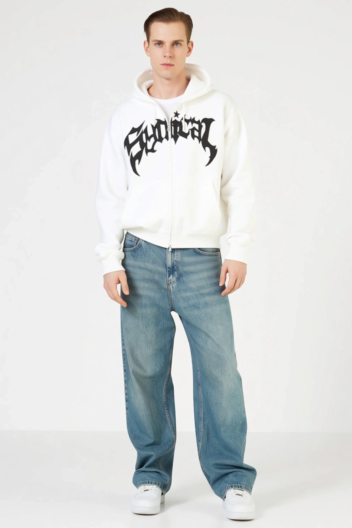 Erkek Fermuarlı Kapüşonlu Hoodie Sweat Şardonlu Pamuklu Kumaş Önü Baskılı Kışlık Sokak Stili Rahat