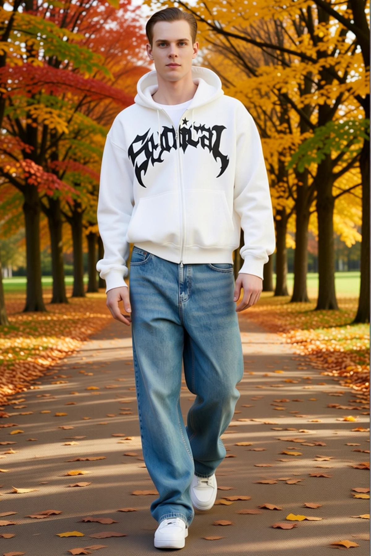Erkek Fermuarlı Kapüşonlu Hoodie Sweat Şardonlu Pamuklu Kumaş Önü Baskılı Kışlık Sokak Stili Rahat