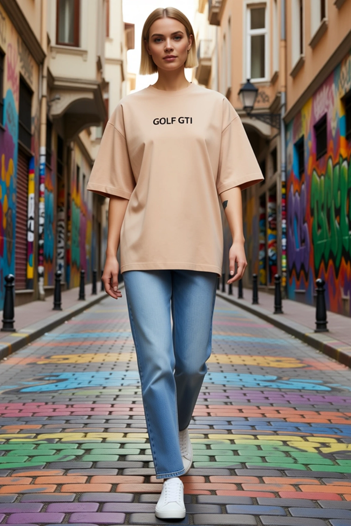 Oversize Tişört Retro Araba Desenli Ön Arka Dijital Baskılı Sokak Modası Kadın Rahat Kalıp Günlük