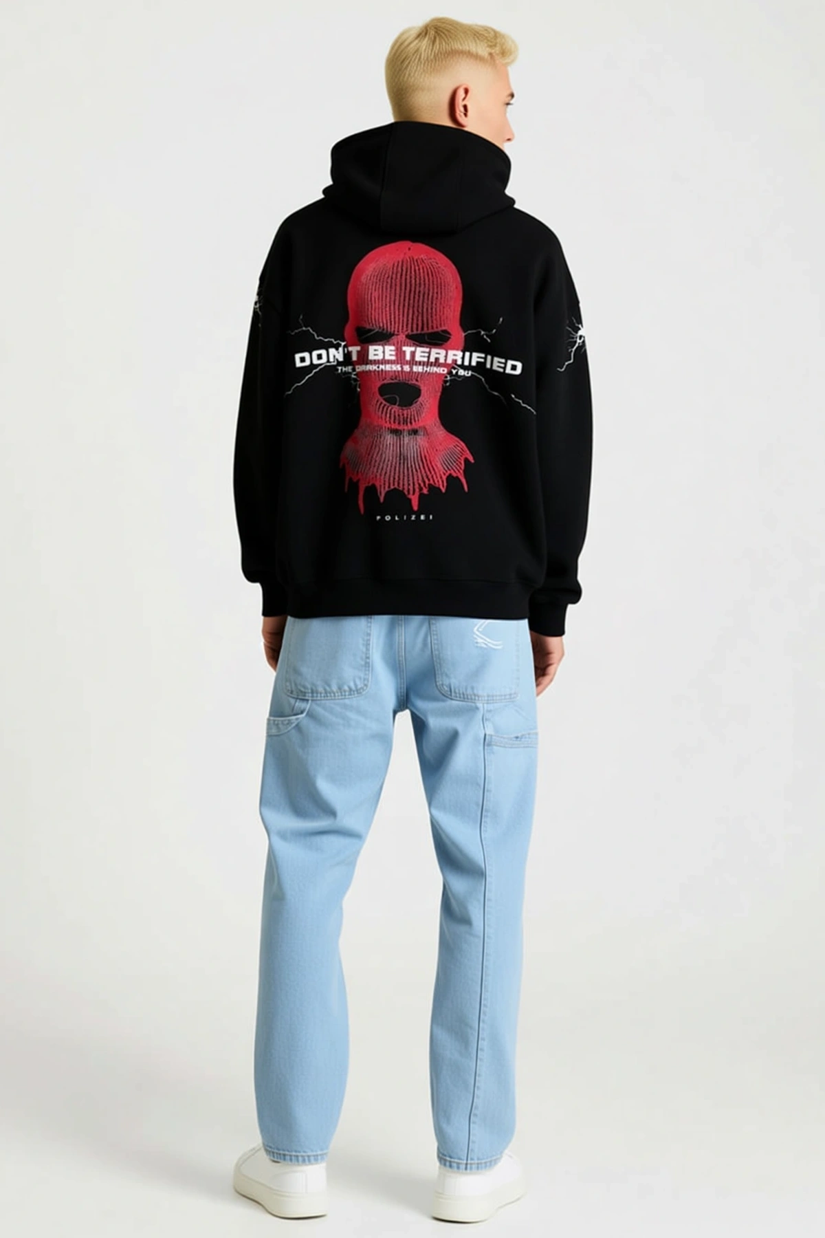 Erkek Maske Baskılı Kapüşonlu Sweat Oversize Kalıp Sırt Detaylı Düşük Omuz Rahat Günlük Sokak Stili