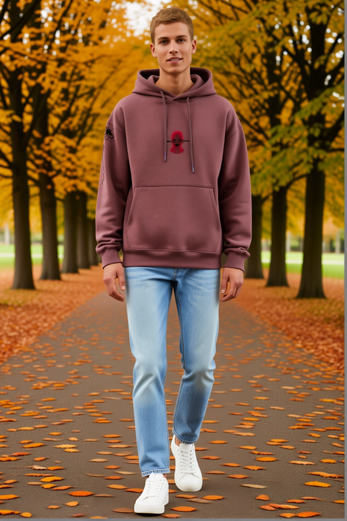Erkek Maske Baskılı Kapüşonlu Sweat Geniş Kalıp Sırt Grafikli Kol Detaylı Ribanalı Günlük Modern