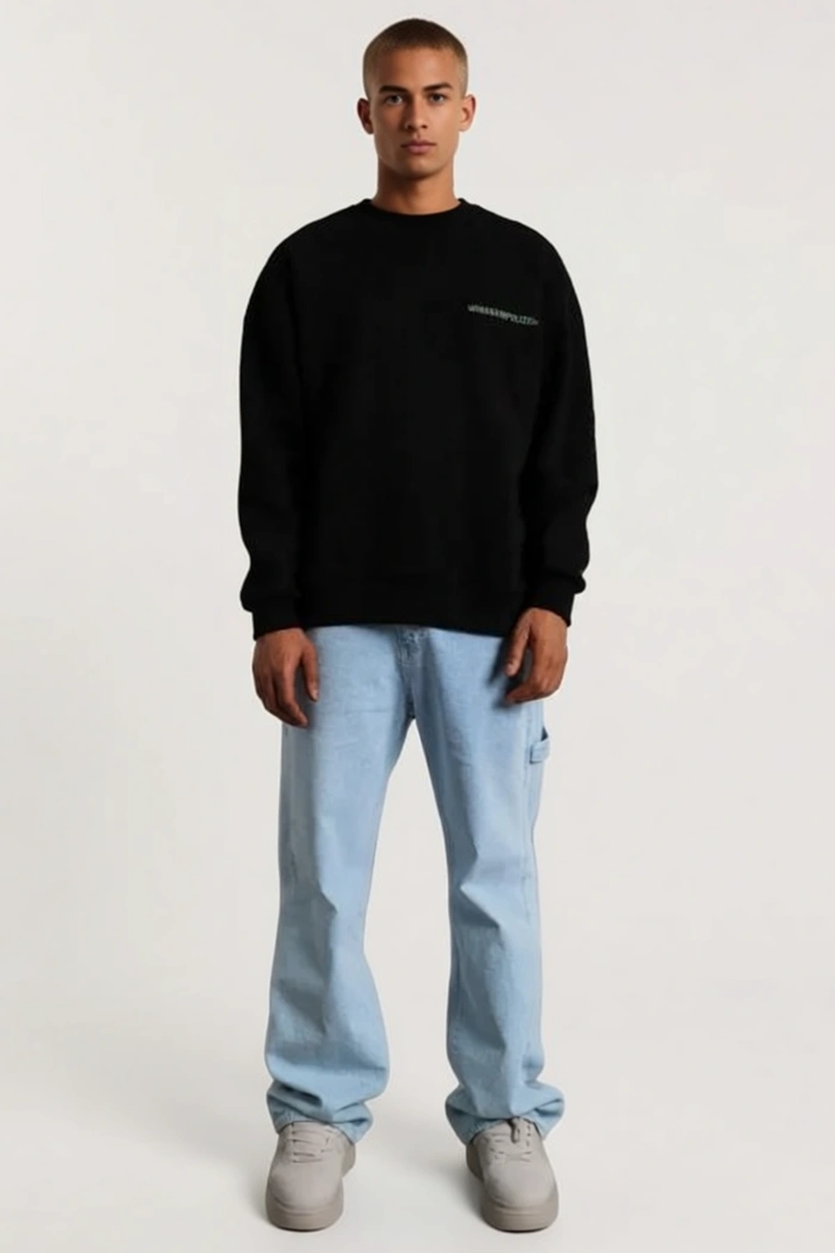 Erkek Bisiklet Yaka Baskılı Sweatshirt Sırt Yazılı Oversize Kalıp Düşük Omuz Ribanalı Rahat Günlük