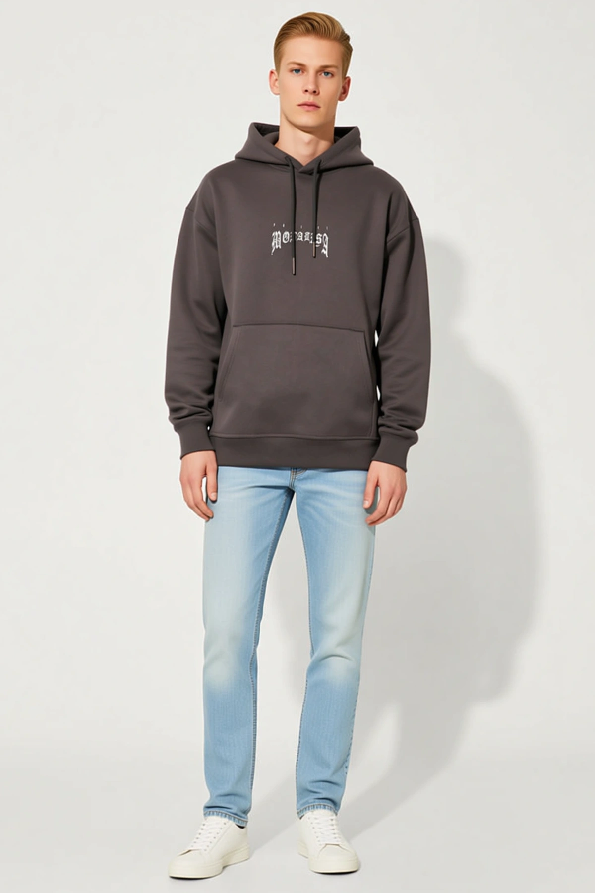 Erkek Baskılı Kapüşonlu Kanguru Cepli Oversize Sweat Uzun Kollu Rahat Kesim Günlük Modern Bol Kalıp