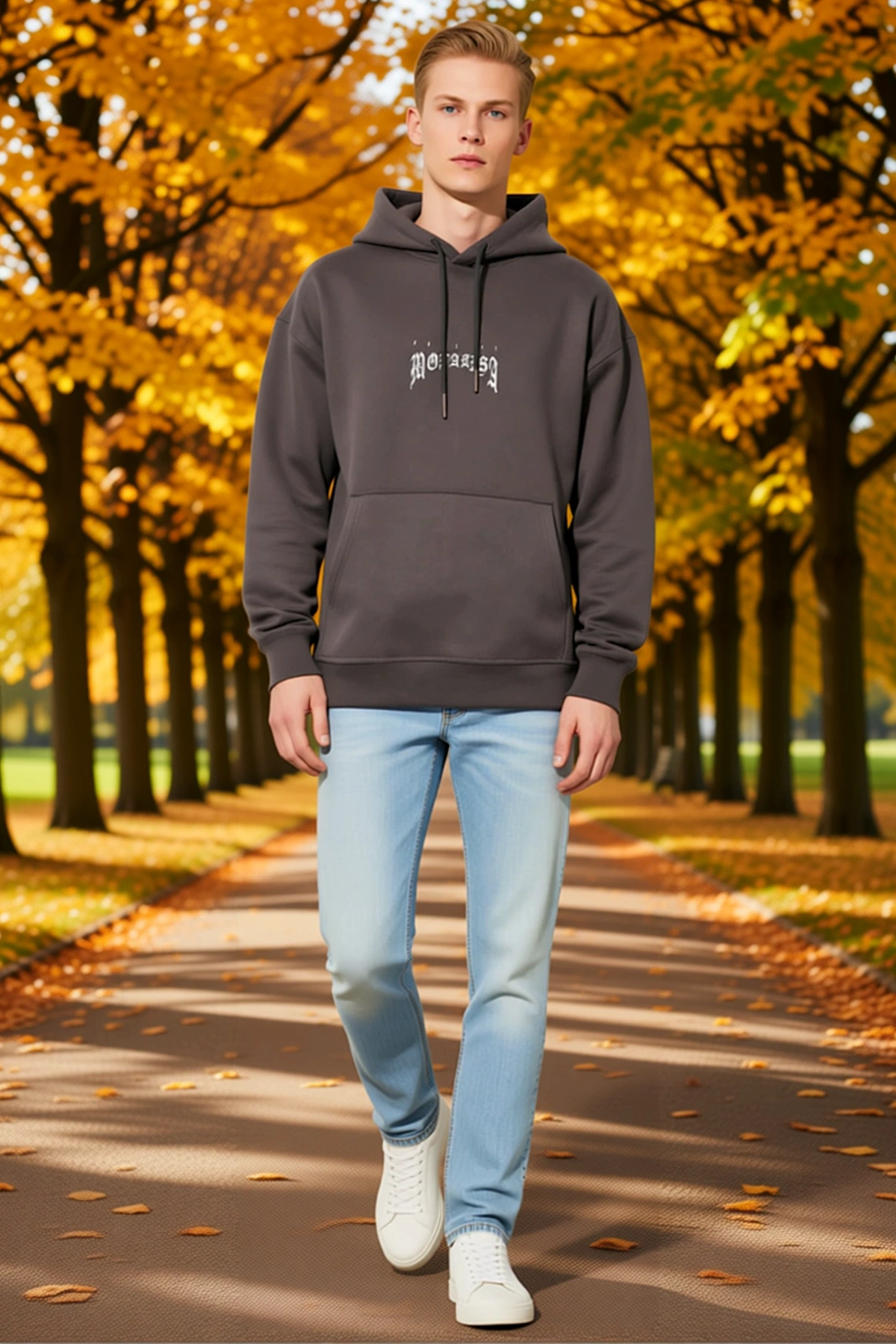 Erkek Baskılı Kapüşonlu Kanguru Cepli Oversize Sweat Uzun Kollu Rahat Kesim Günlük Modern Bol Kalıp
