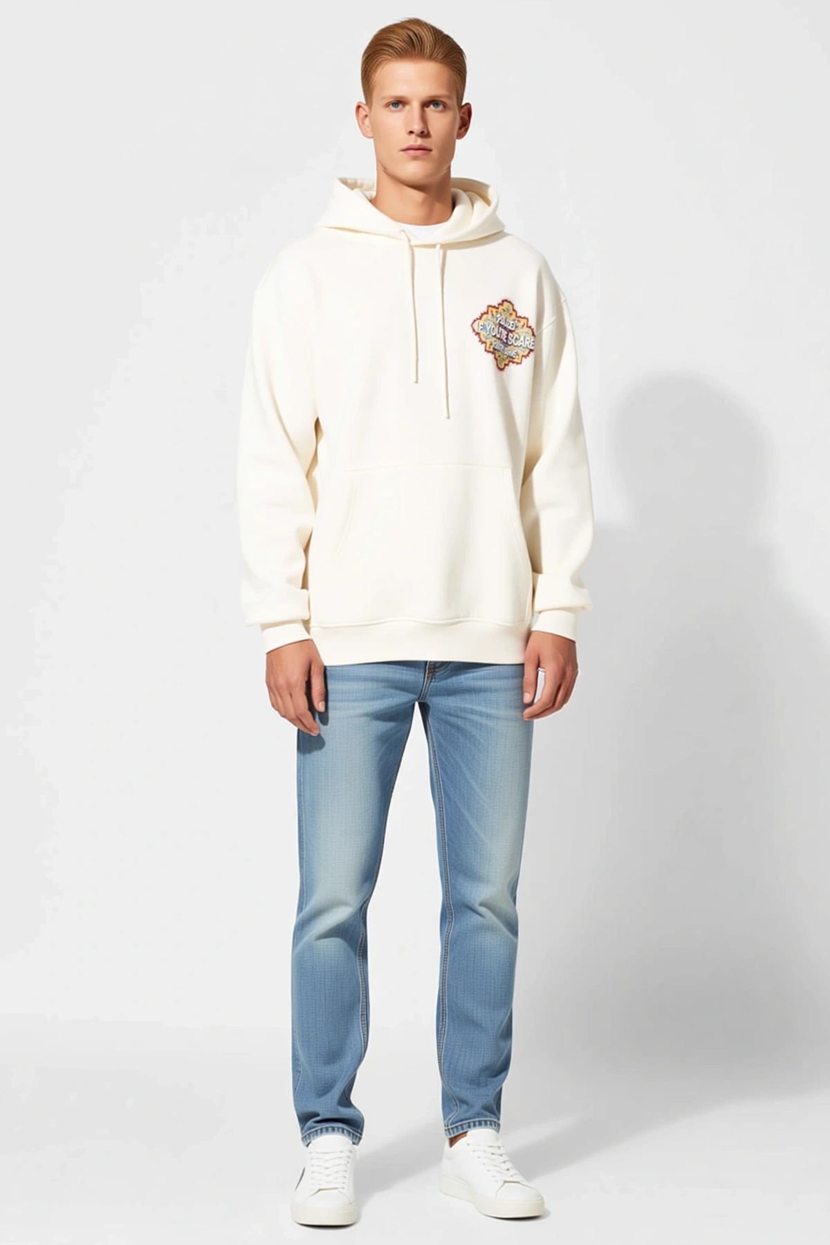 Erkek Kilim Desenli Sırt Baskılı Kapüşonlu Oversize Sweatshirt Rahat Kesim Uzun Kollu Günlük Modern