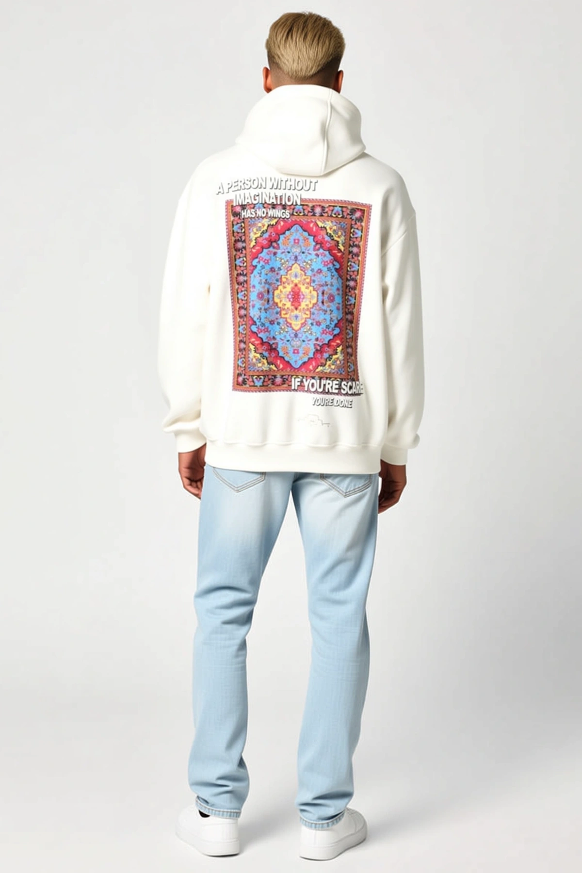 Erkek Kilim Desenli Sırt Baskılı Kapüşonlu Oversize Sweatshirt Rahat Kesim Uzun Kollu Günlük Modern