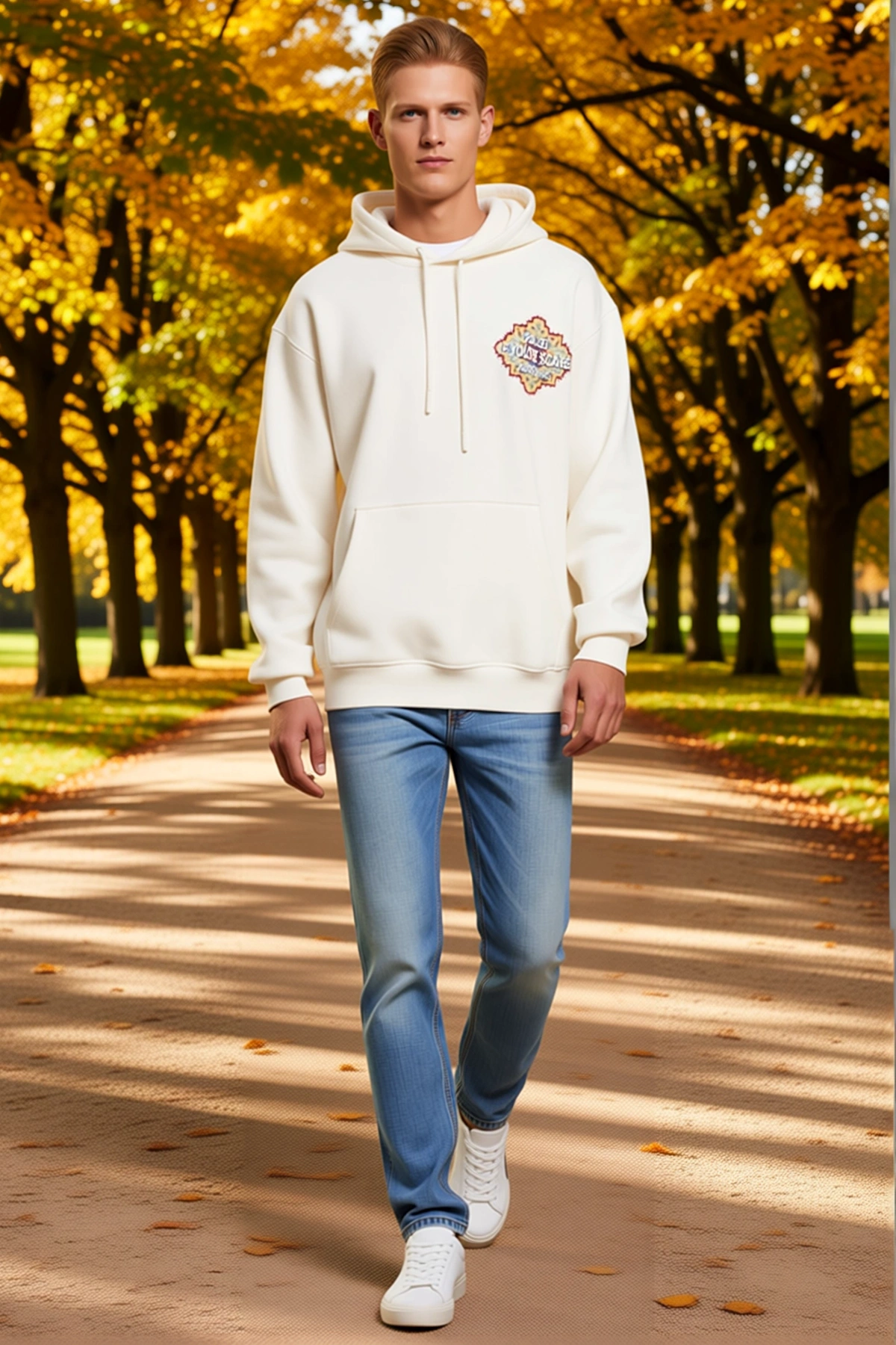 Erkek Kilim Desenli Sırt Baskılı Kapüşonlu Oversize Sweatshirt Rahat Kesim Uzun Kollu Günlük Modern