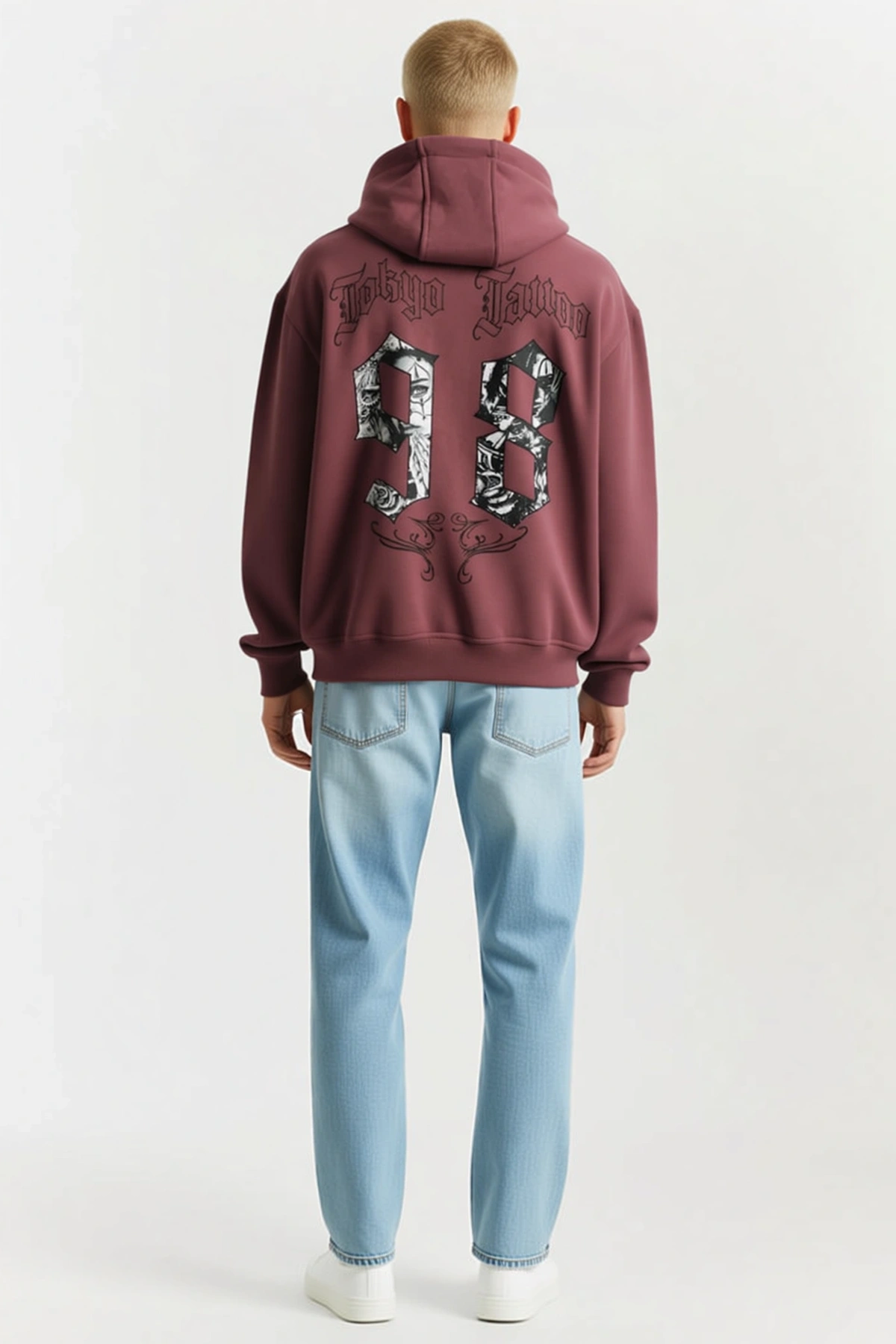Erkek Dövme Temalı Sırt Baskılı Kapüşonlu Oversize Sweat Gotik Yazılı Rahat Kesim Günlük Modern