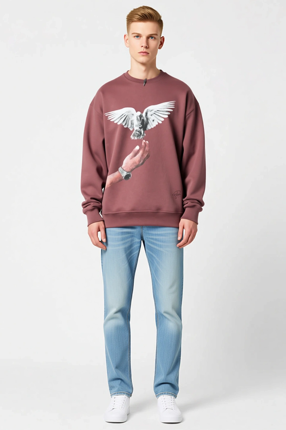 Erkek Güvercin Baskılı Bisiklet Yaka Oversize Sweatshirt Uzun Kollu Rahat Kesim Günlük Modern Kalıp