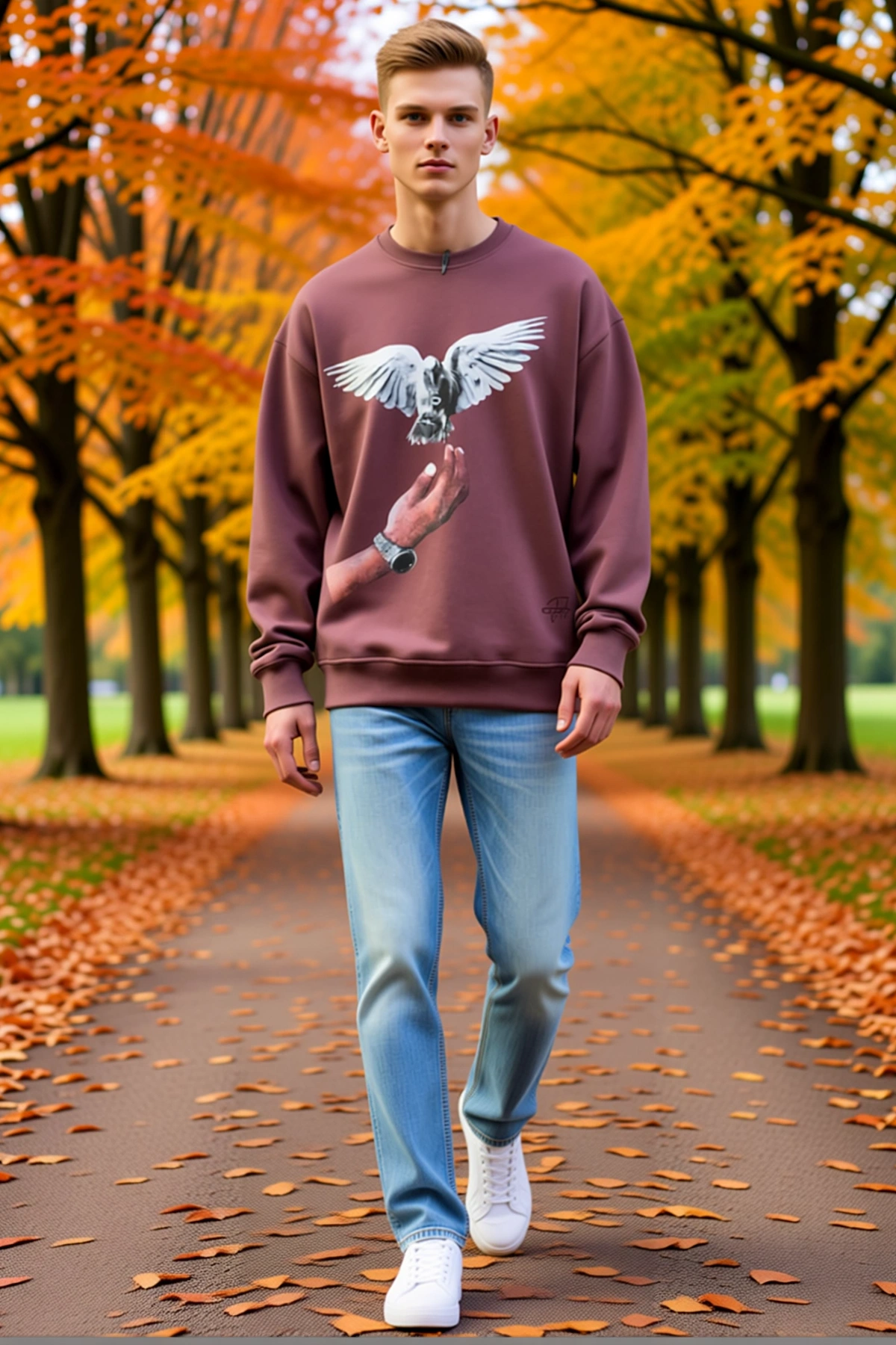 Erkek Güvercin Baskılı Bisiklet Yaka Oversize Sweatshirt Uzun Kollu Rahat Kesim Günlük Modern Kalıp