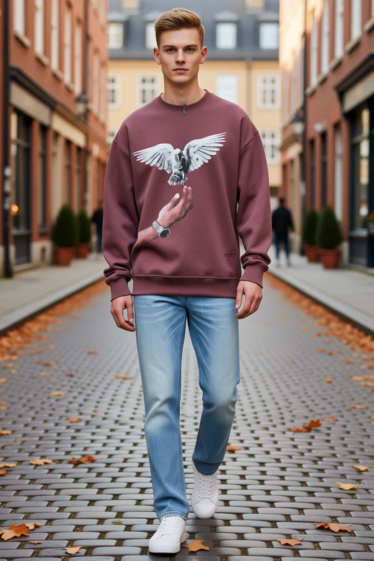 Erkek Güvercin Baskılı Bisiklet Yaka Oversize Sweatshirt Uzun Kollu Rahat Kesim Günlük Modern Kalıp