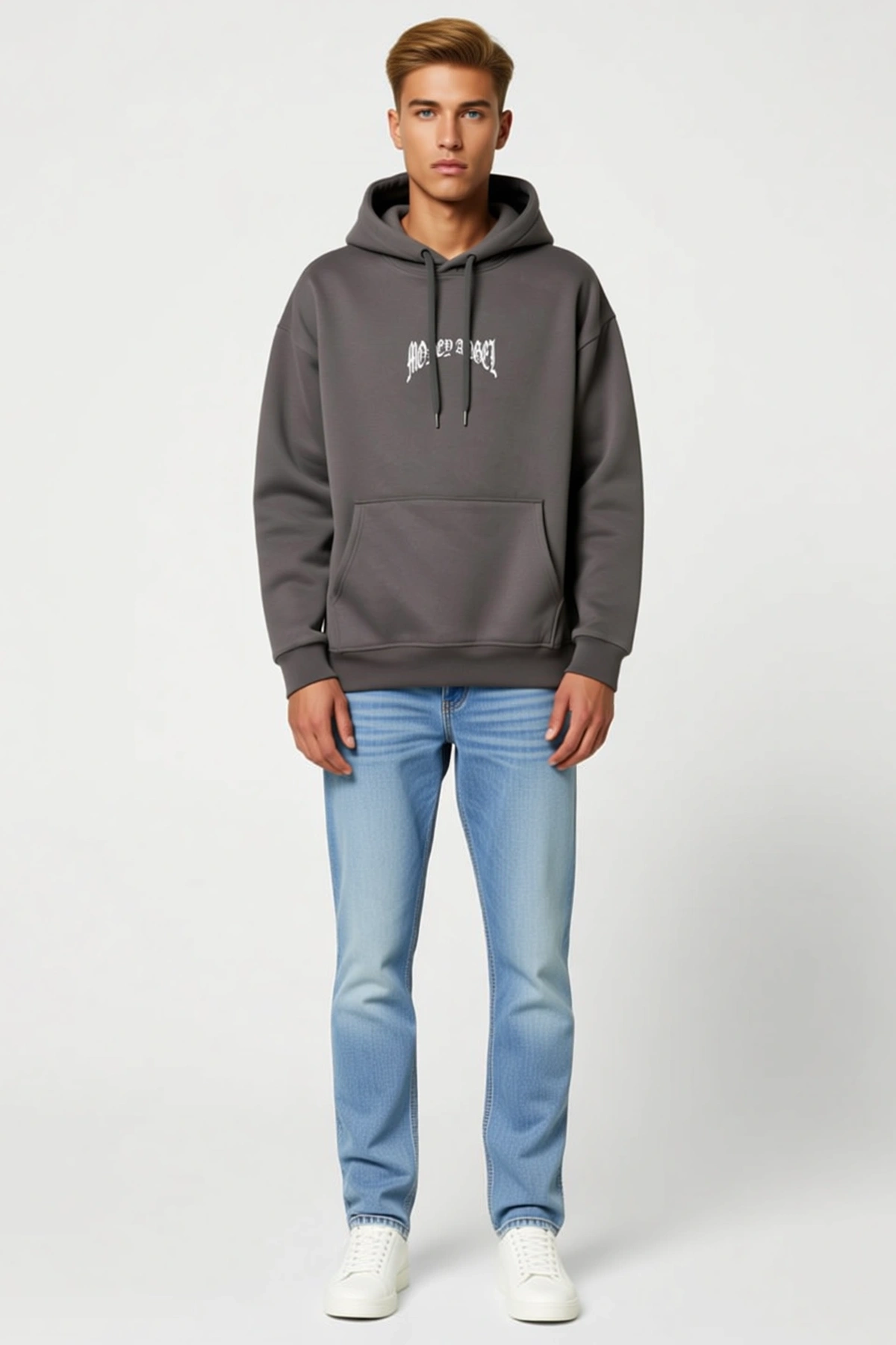 Erkek Gotik Yazı Baskılı Kordonlu Kapüşonlu Oversize Sweatshirt Kanguru Cepli Uzun Kollu Rahat Kesim
