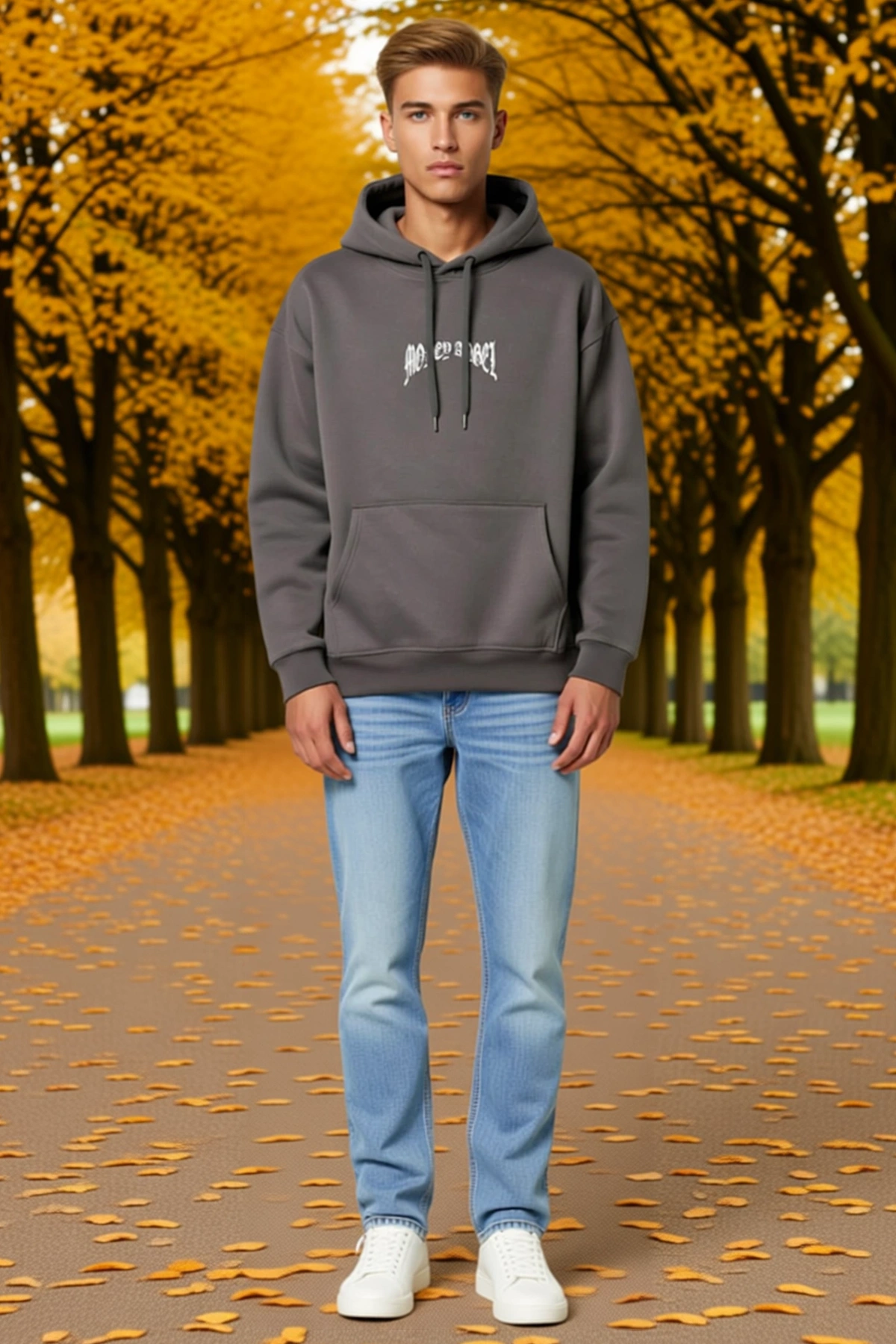Erkek Gotik Yazı Baskılı Kordonlu Kapüşonlu Oversize Sweatshirt Kanguru Cepli Uzun Kollu Rahat Kesim