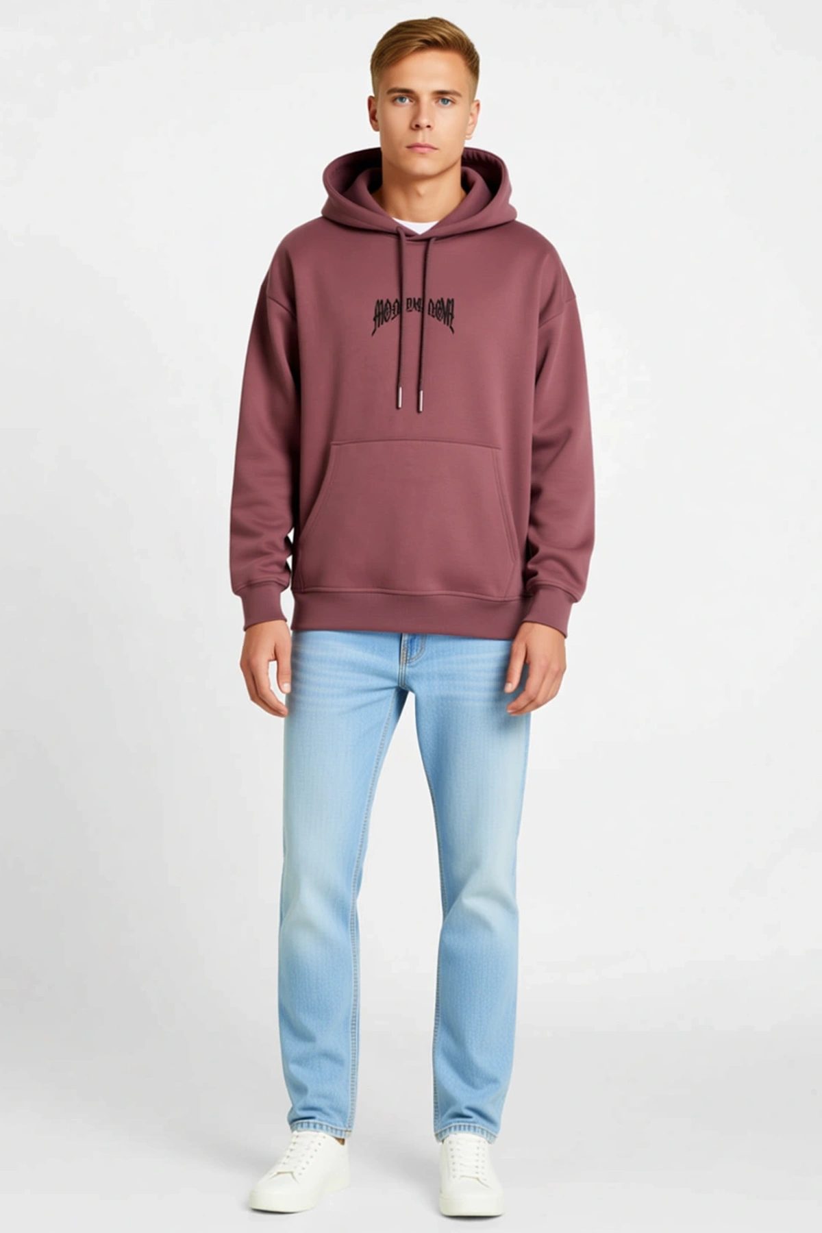 Erkek Kordon İpli Baskılı Kapüşonlu Sweatshirt Sırt Detaylı Salaş Kalıp Günlük Rahat Modern Kesim