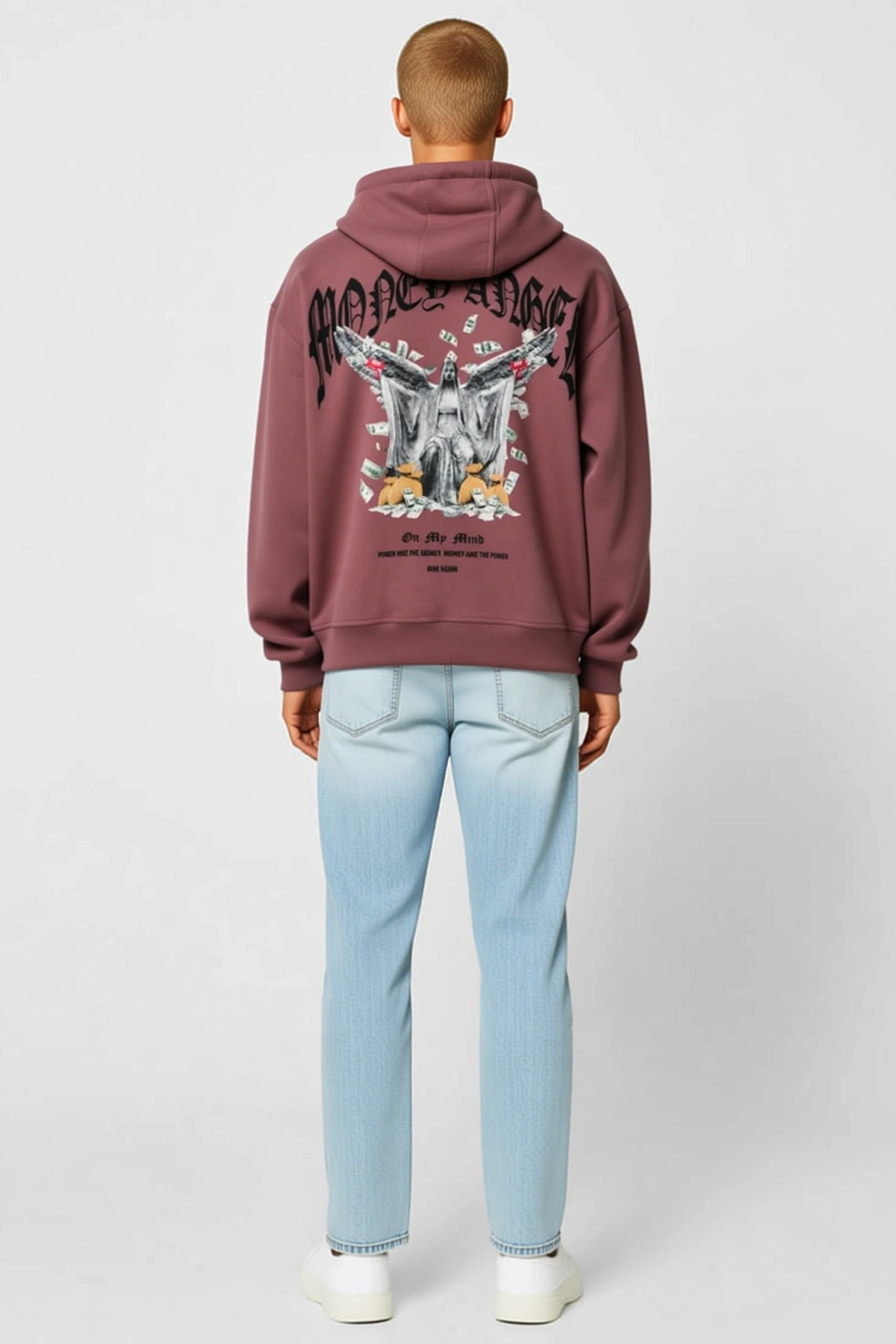 Erkek Kordon İpli Baskılı Kapüşonlu Sweatshirt Sırt Detaylı Salaş Kalıp Günlük Rahat Modern Kesim