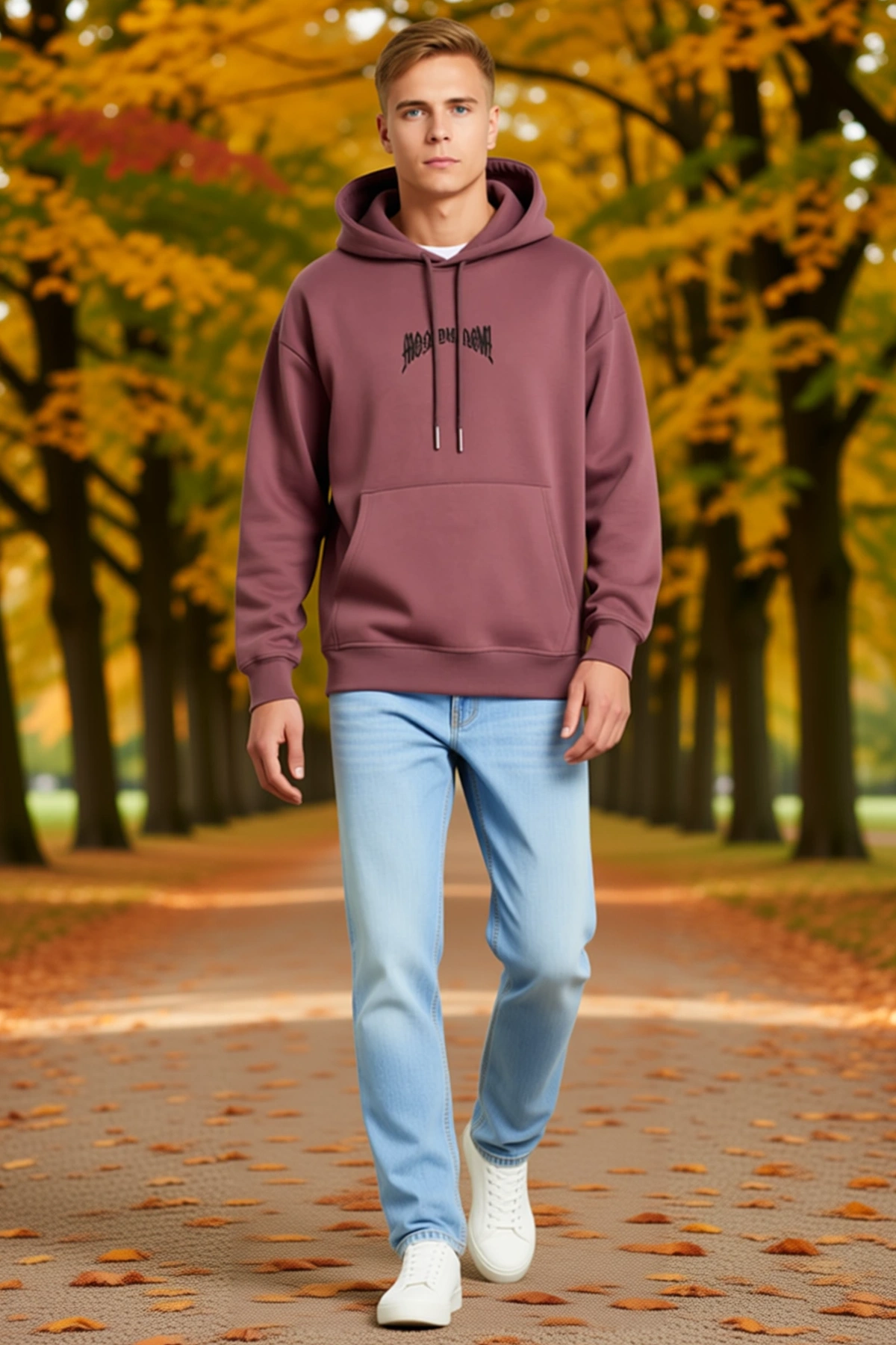 Erkek Kordon İpli Baskılı Kapüşonlu Sweatshirt Sırt Detaylı Salaş Kalıp Günlük Rahat Modern Kesim