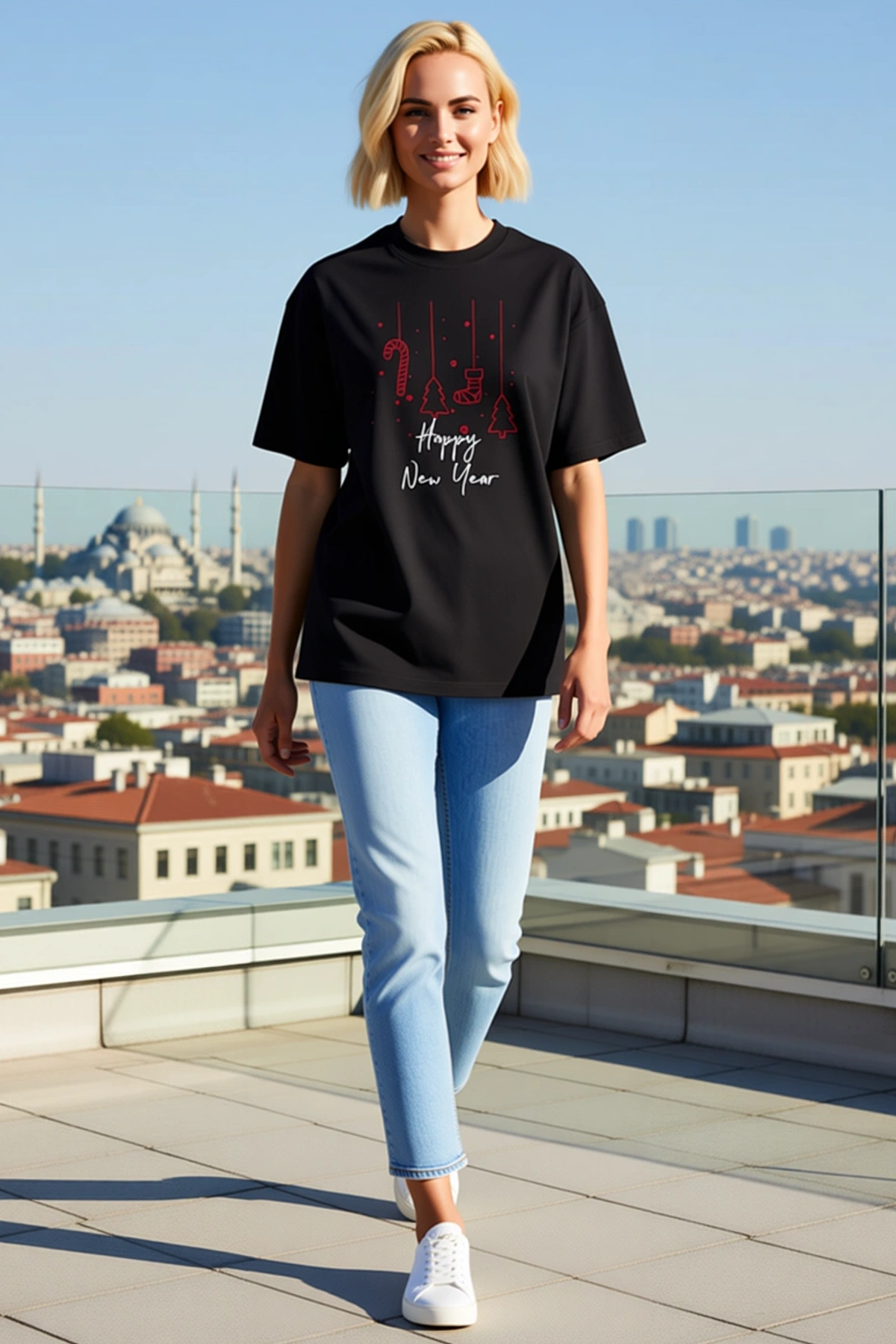 Kadın Bisiklet Yaka Oversize Yılbaşı Temalı Baskılı Kısa Kollu Düşük Omuz Günlük Rahat Kesim Tişört