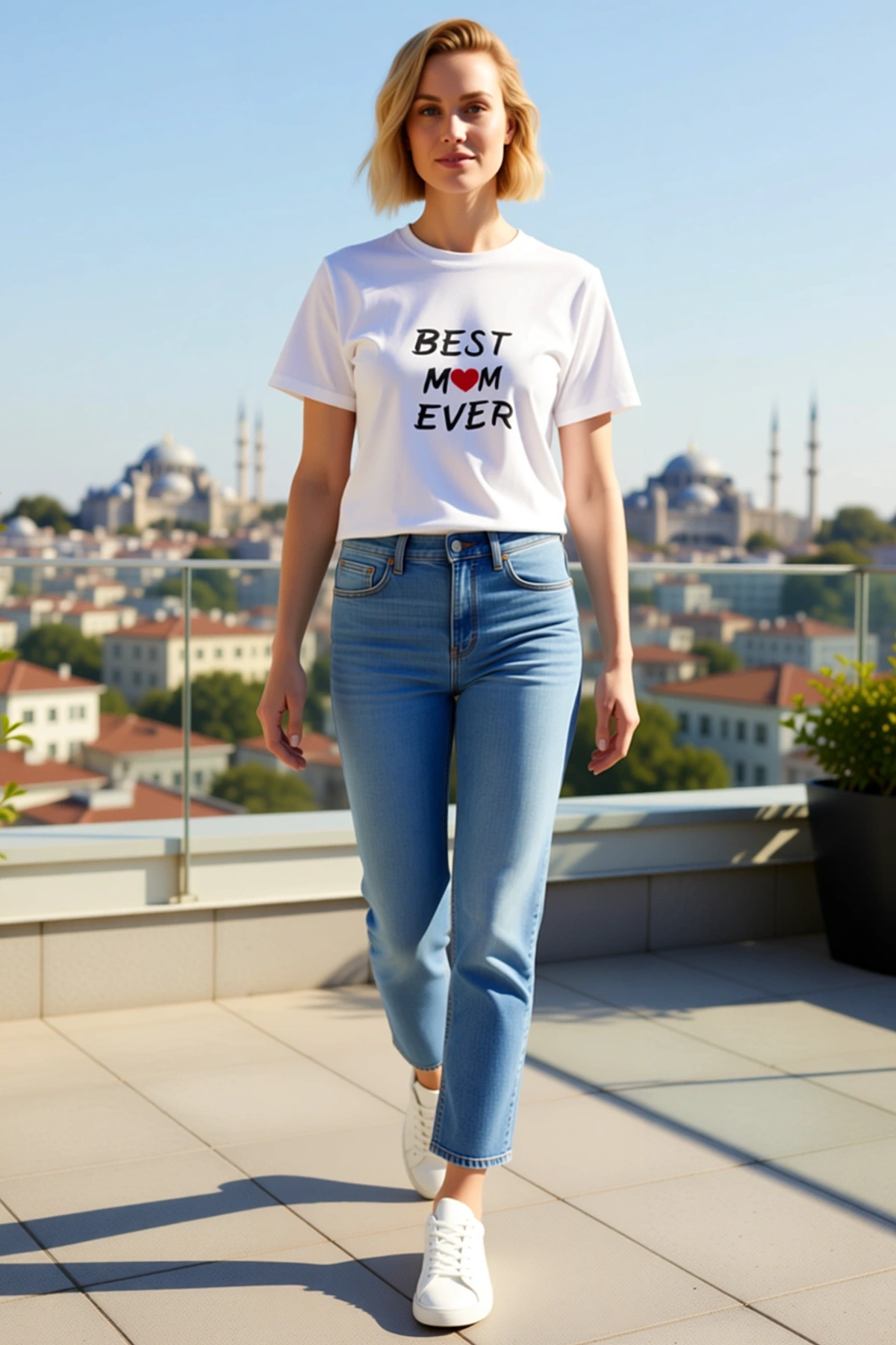 Kadın Bisiklet Yaka Yazılı Kalp Baskılı Kısa Kollu Bol Kalıp Günlük Hediyelik Rahat Kesim Tişört