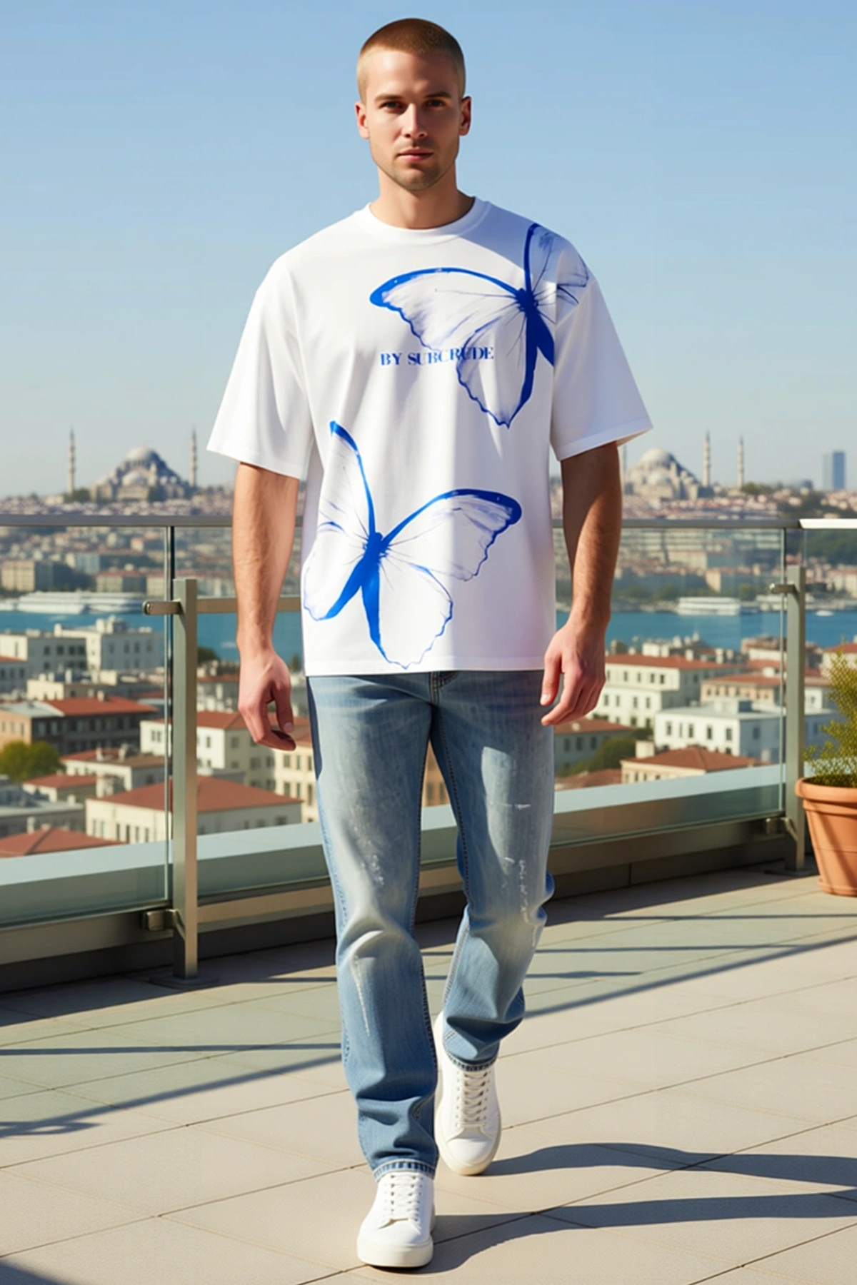 Erkek Oversize Bisiklet Yaka Büyük Kelebek Desenli Kısa Kollu Salaş Kalıp Günlük Konforlu Tişört