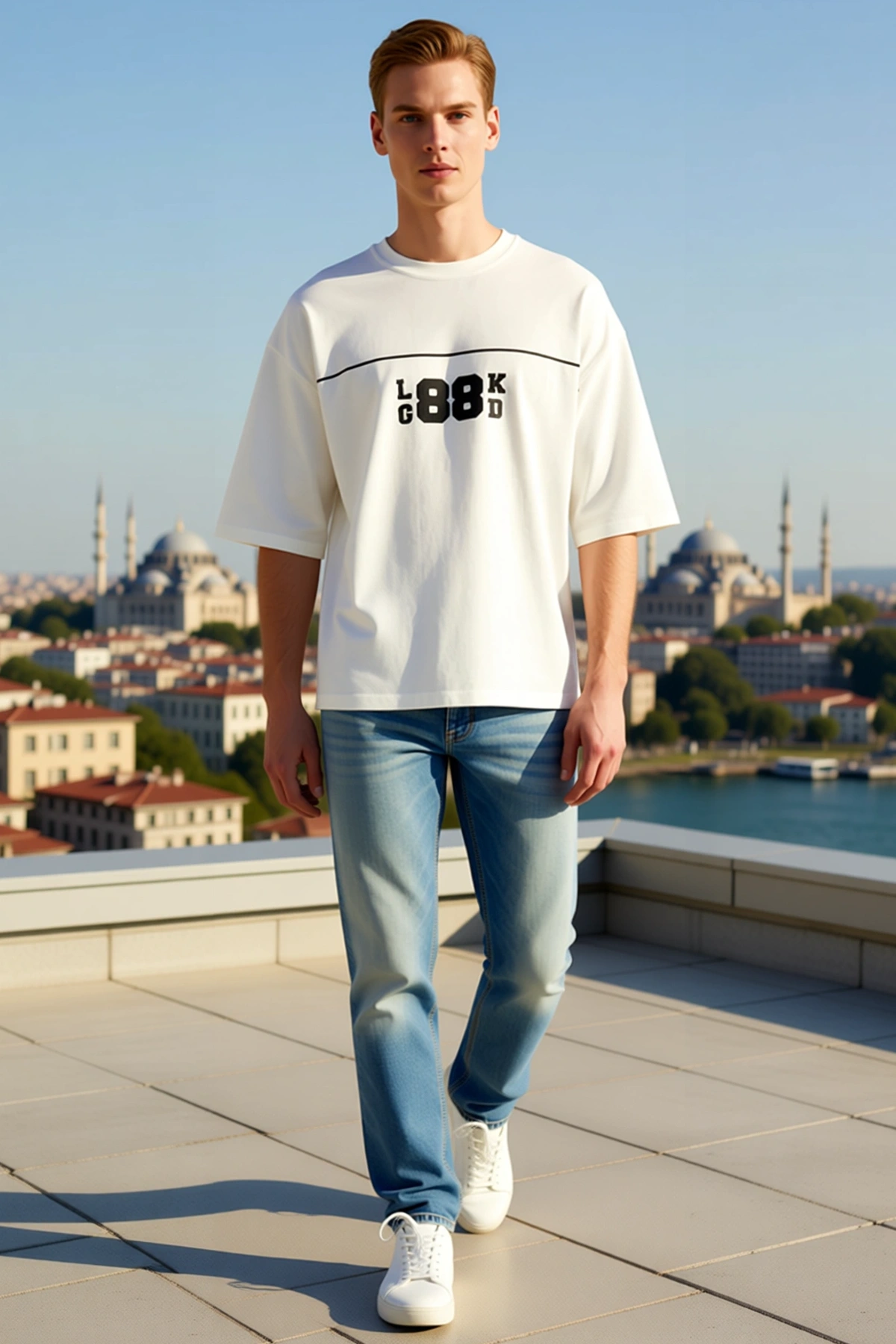 Erkek Bisiklet Yaka Oversize Biyeli Detaylı Harf Baskılı Yarım Kollu Düşük Omuz Günlük Rahat Tişört