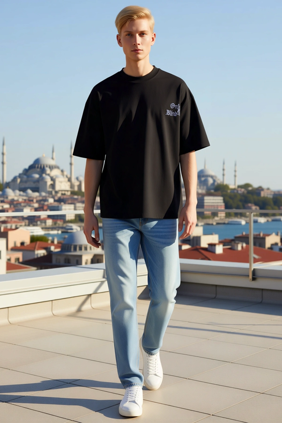 Erkek Yüksek Bisiklet Yaka Oversize Gotik Harf Baskılı Düşük Omuz Yarım Kollu Günlük Rahat Tişört