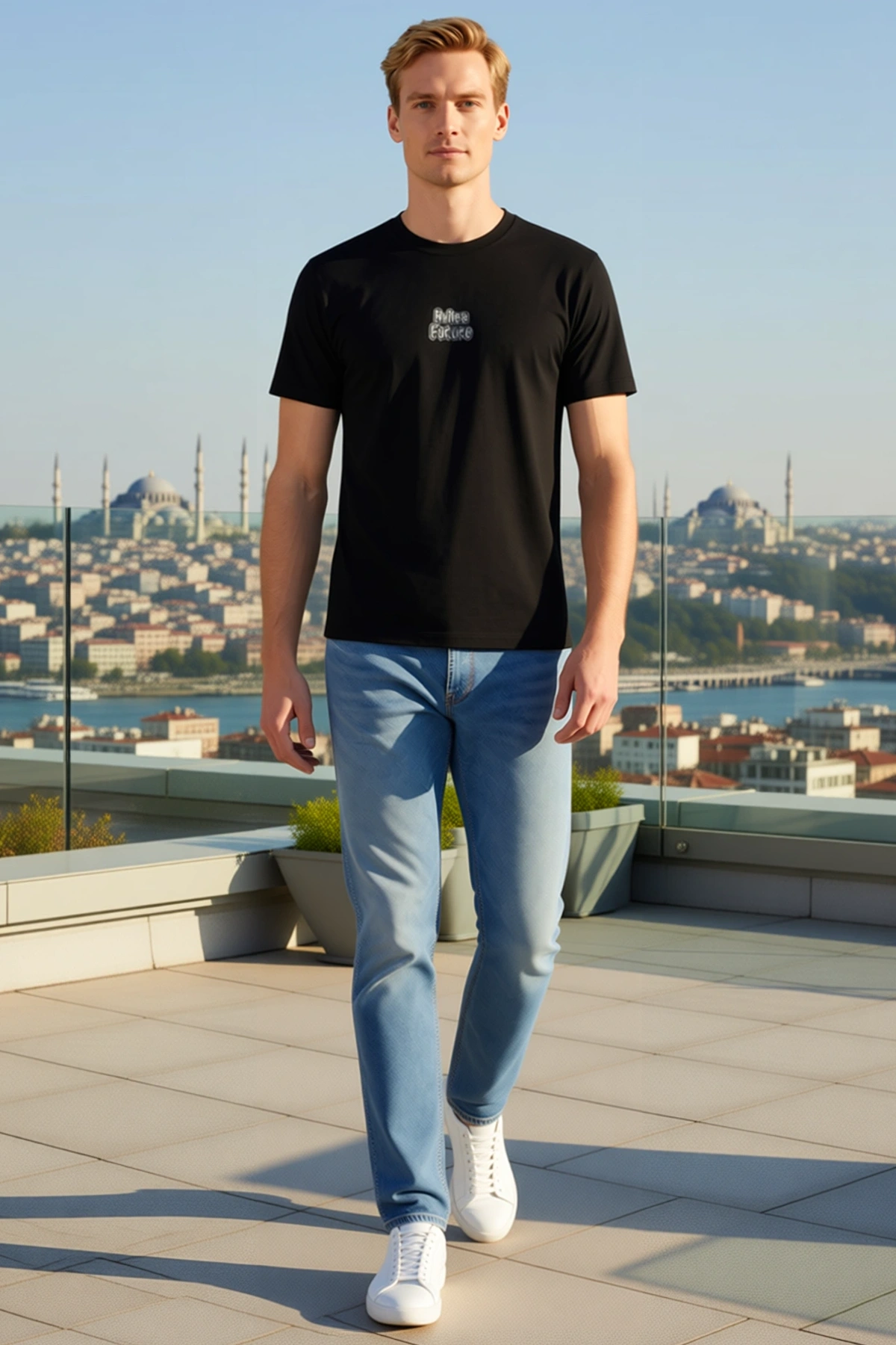 Erkek Bisiklet Yaka Geniş Kalıp Kısa Kollu Tişört Göğüs Ortası Küçük Yazı Baskılı Günlük Rahat Kesim