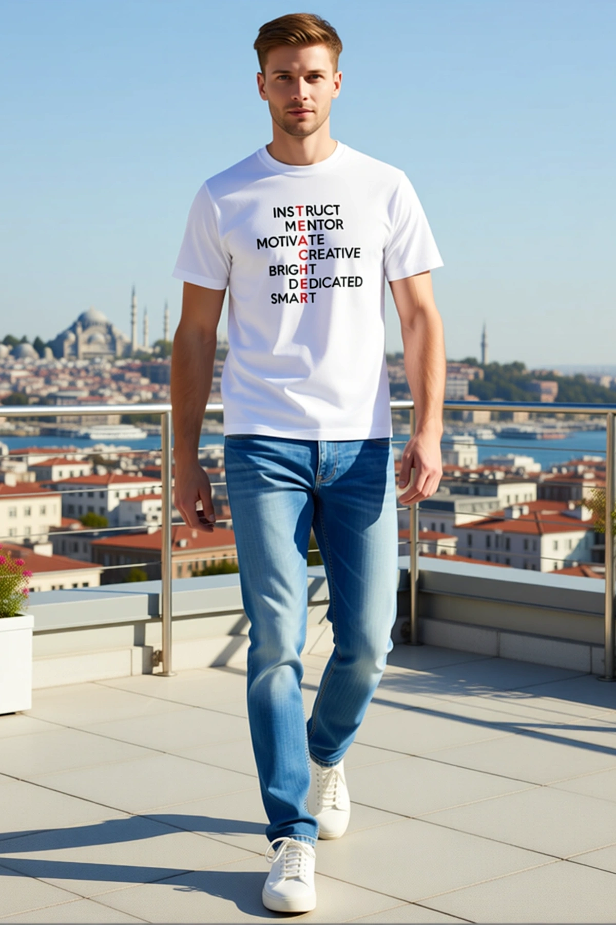 Erkek Bisiklet Yaka Kısa Kollu Tişört Eğitimci Kelimeleri Baskılı Rahat Kalıp Modern Günlük Kullanım