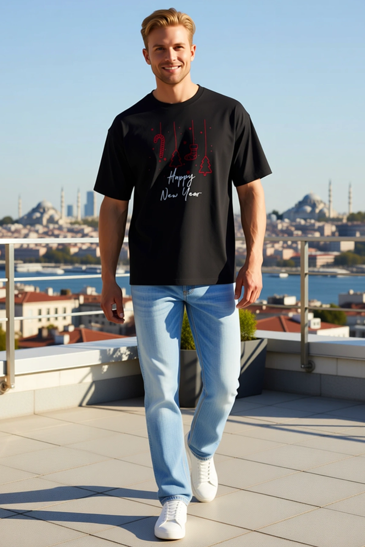 Erkek Oversize Bisiklet Yaka Düşük Omuzlu Tişört Yılbaşı Temalı Çam Ağacı Baskılı Rahat Kalıp Modern