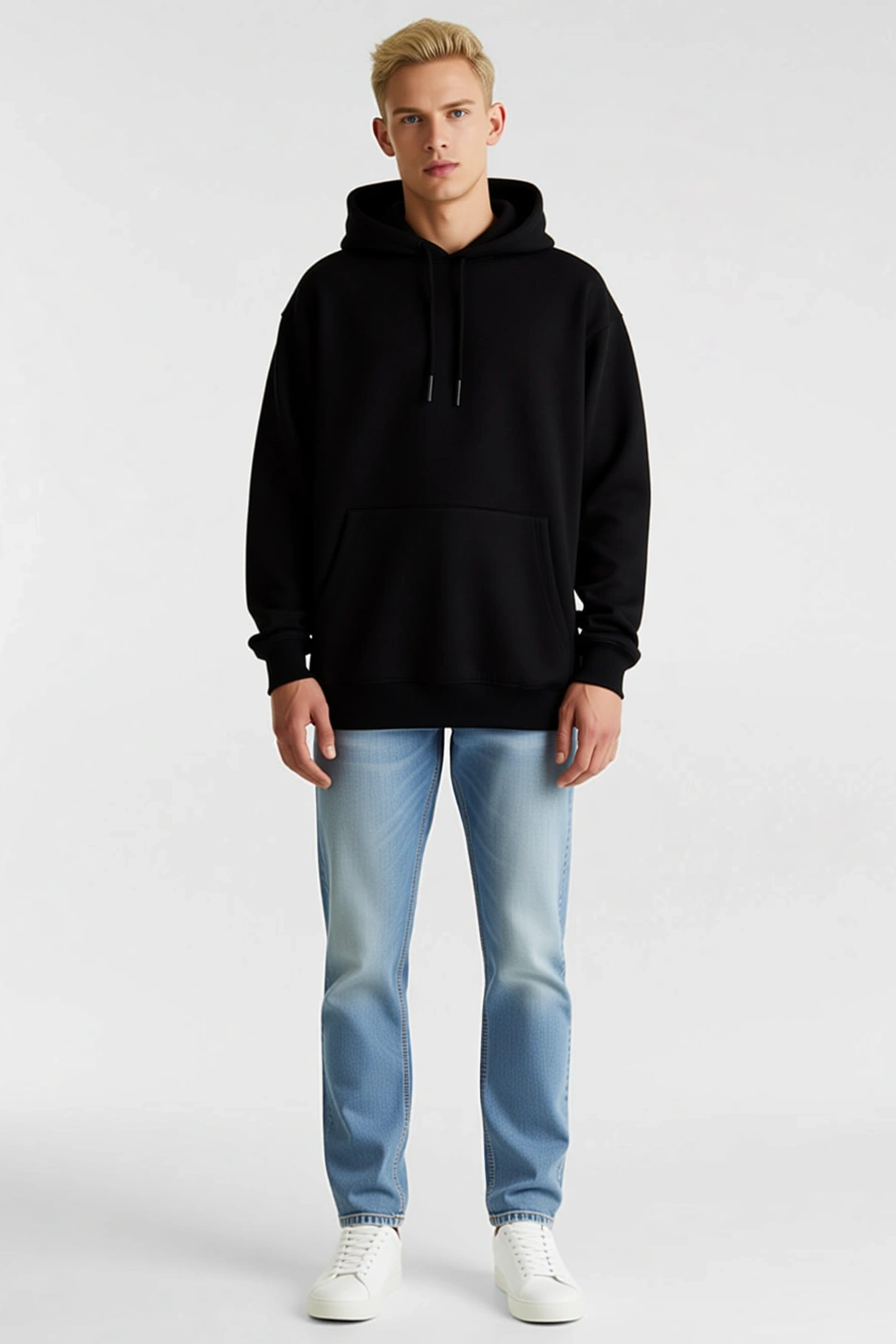 Erkek Üç İplik Kapşonlu Sweatshirt Oversize Düşük Omuzlu Kanguru Cepli Bağcıklı Rahat Günlük Kalıp