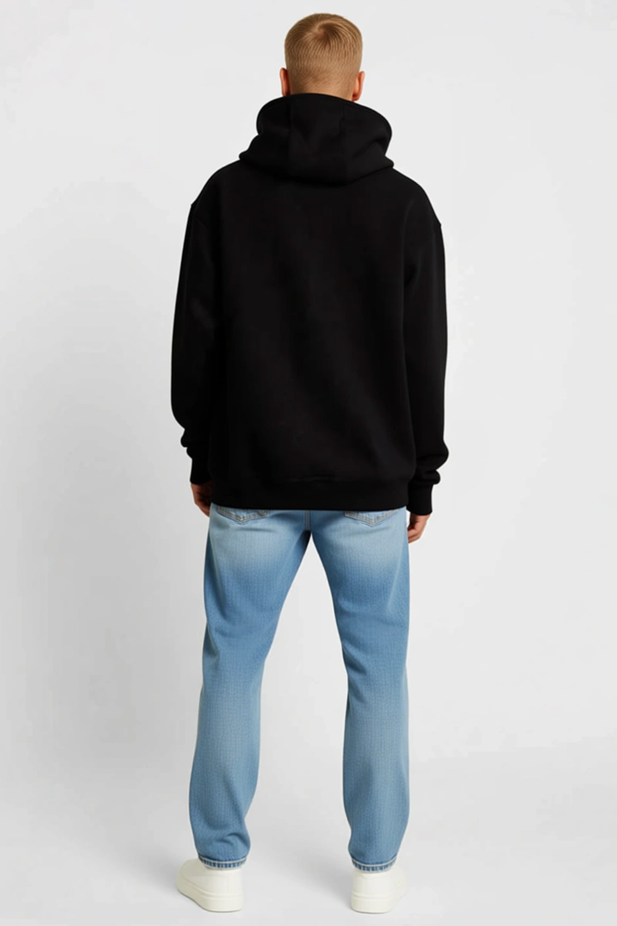 Erkek Üç İplik Kapşonlu Sweatshirt Oversize Düşük Omuzlu Kanguru Cepli Bağcıklı Rahat Günlük Kalıp