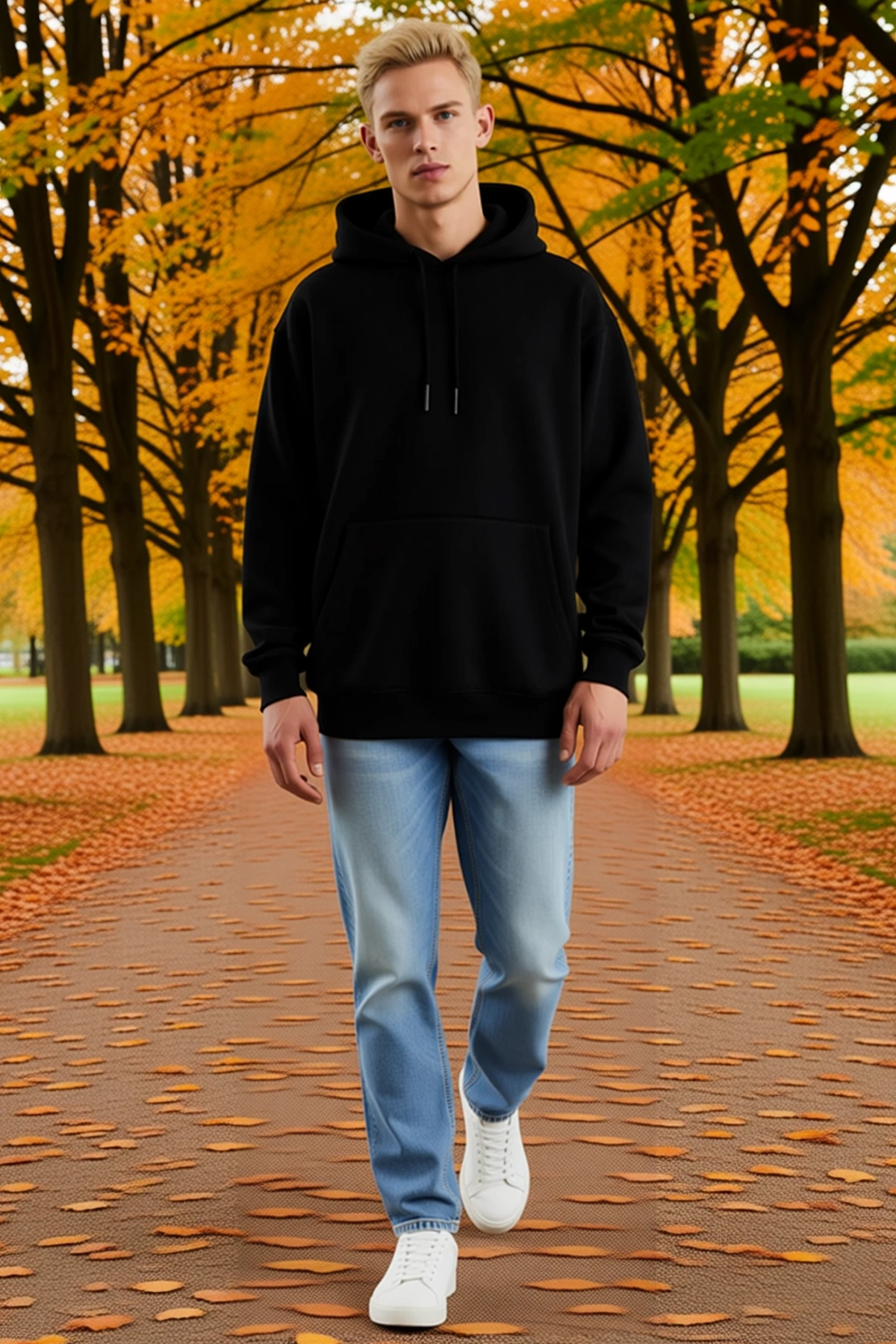 Erkek Üç İplik Kapşonlu Sweatshirt Oversize Düşük Omuzlu Kanguru Cepli Bağcıklı Rahat Günlük Kalıp