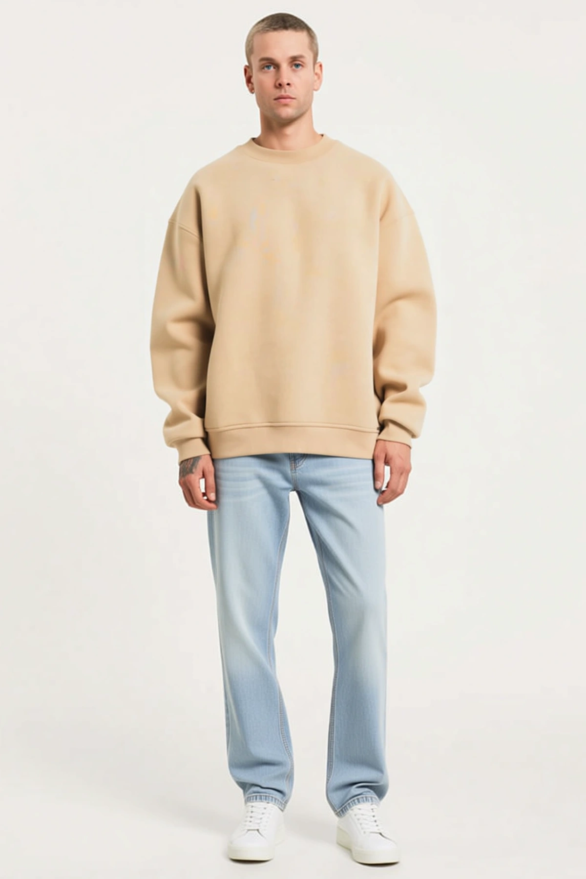 Erkek Uzun Kollu Bisiklet Yaka Basic Sweatshirt Düşük Omuzlu Geniş Ribanalı Etek Ucu Rahat Bol Kalıp