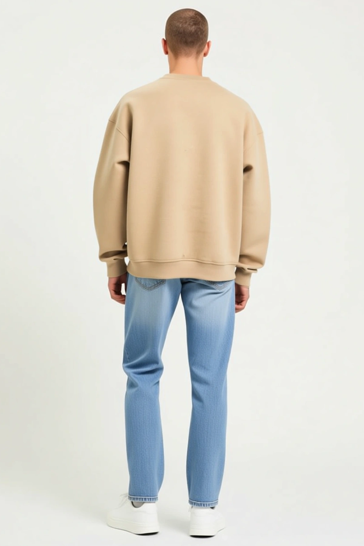 Erkek Uzun Kollu Bisiklet Yaka Basic Sweatshirt Düşük Omuzlu Geniş Ribanalı Etek Ucu Rahat Bol Kalıp