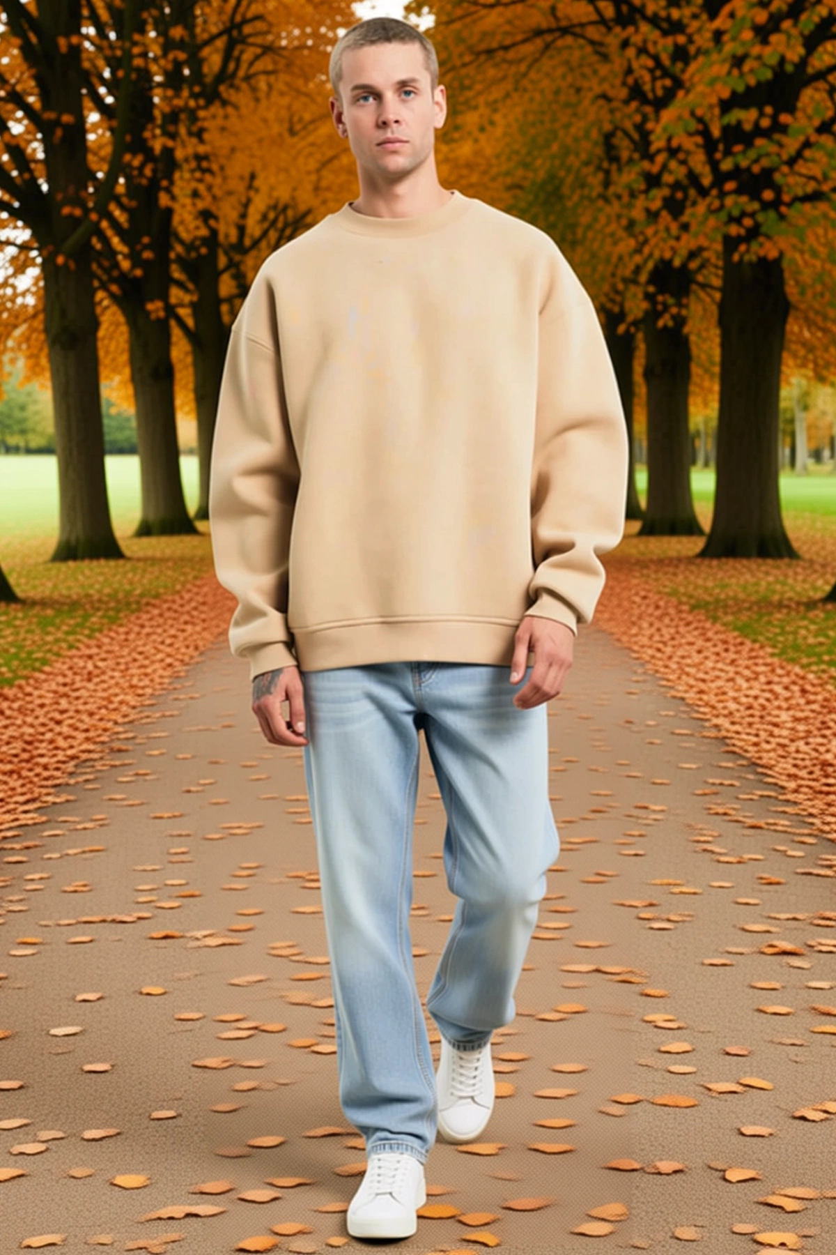 Erkek Uzun Kollu Bisiklet Yaka Basic Sweatshirt Düşük Omuzlu Geniş Ribanalı Etek Ucu Rahat Bol Kalıp