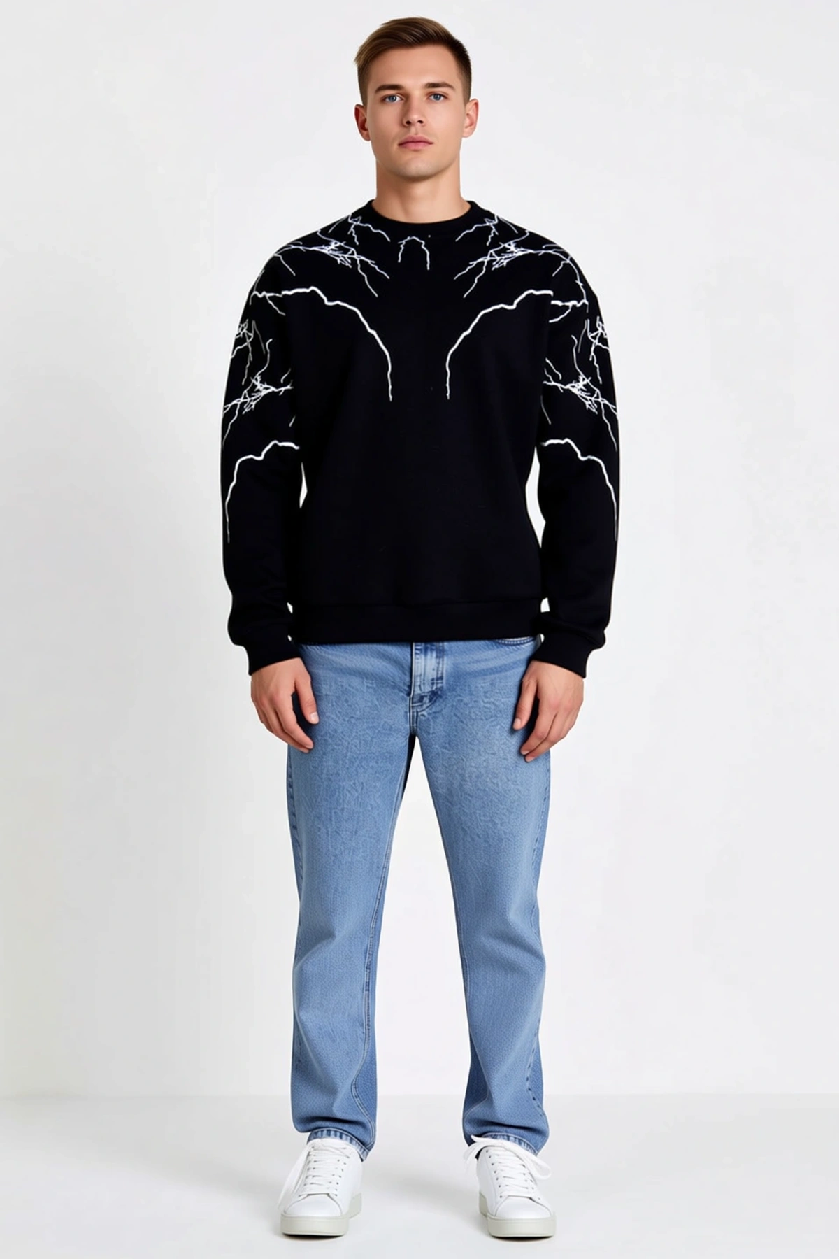 Erkek Bisiklet Yaka Sweatshirt Omuz ve Kollarda Yıldırım Baskılı Oversize Salaş Rahat Günlük Kalıp