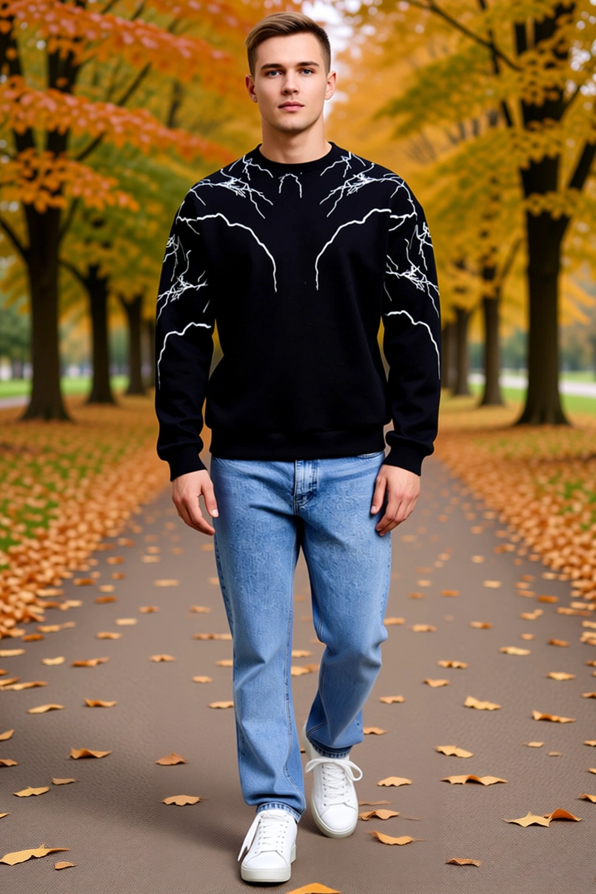 Erkek Bisiklet Yaka Sweatshirt Omuz ve Kollarda Yıldırım Baskılı Oversize Salaş Rahat Günlük Kalıp